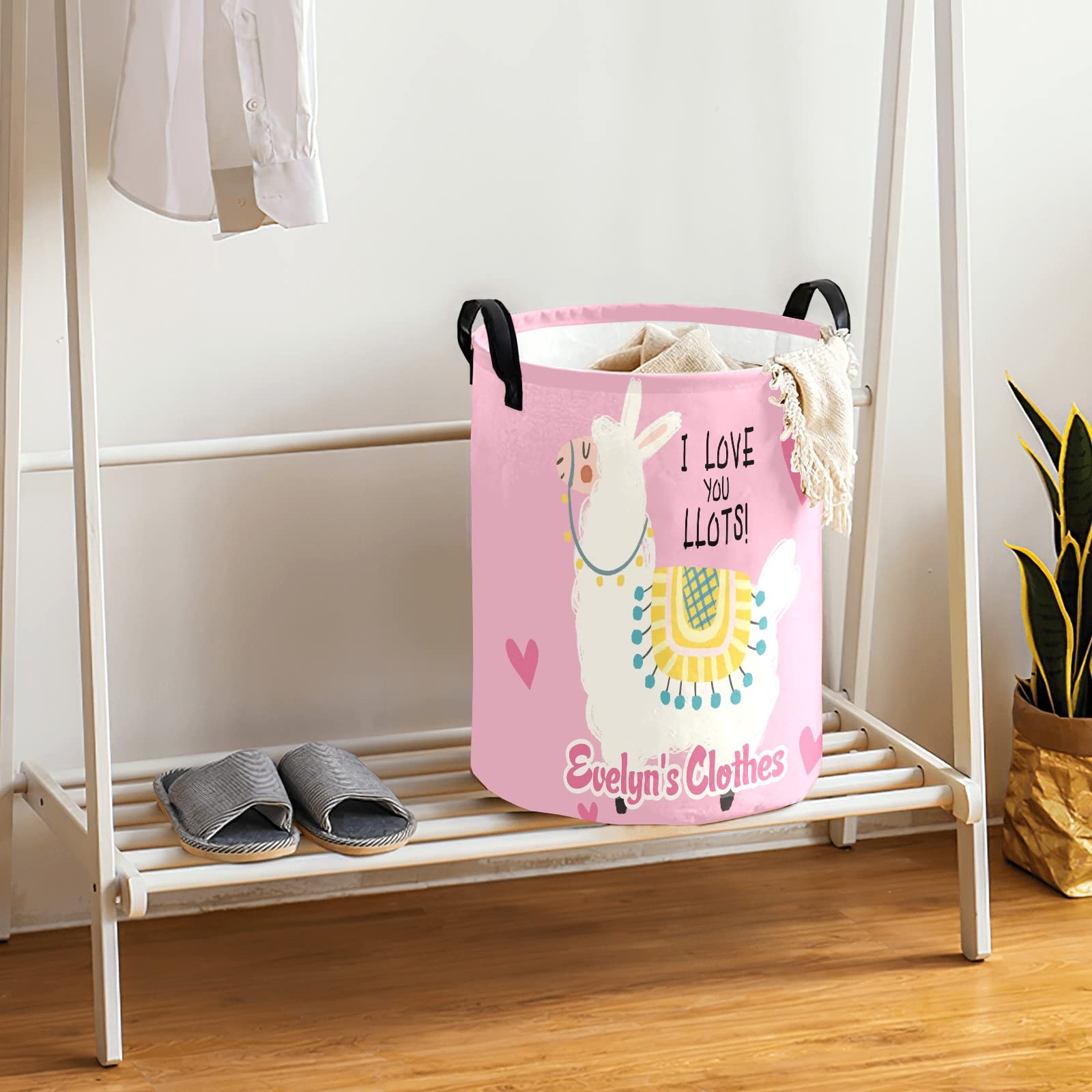Personalized Pink Alpaca Laundry Basket with Handles - Waterproof & Collapsible Clothes Hamper (19.7