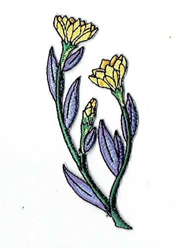 Yellow Flower Purple Foliage Embroidered Iron-On Patch - DIY Sewing Applique for Jackets, Bags & Hats - Perfect for Clothing Customization & Crafts