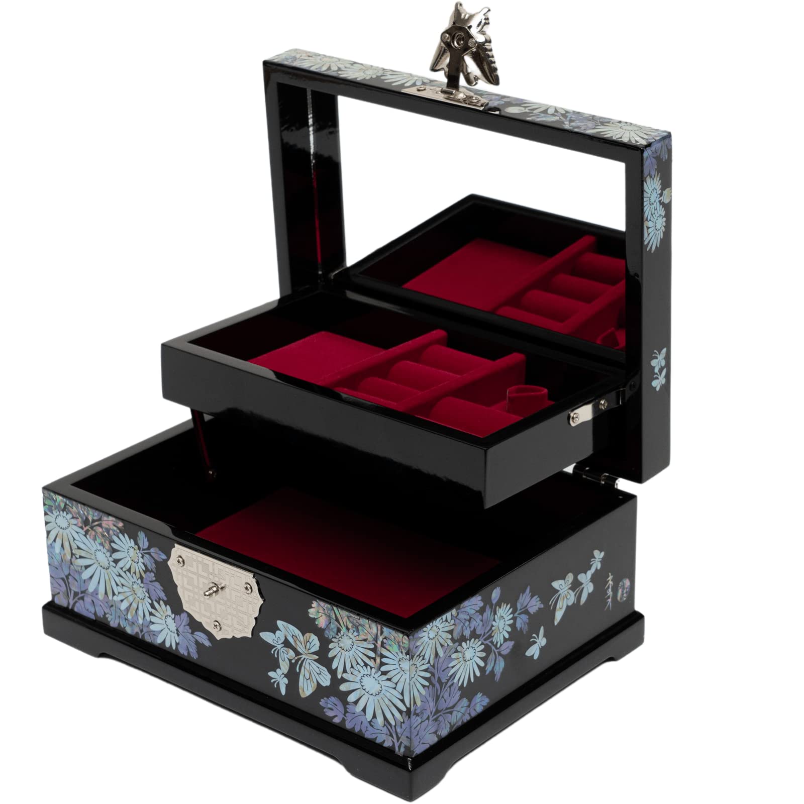February Mountain Mother of Pearl Jewelry Box - 2 Layer Jewelry Organizer for Earrings, Rings, Necklaces, Bracelets & Watches | Perfect Gift for Women, Birthday, Anniversary, Valentine's Day (Siberian Chrysanthemum with Butterflies Design) | Elegant Storage for Dresser, Vanity or Travel