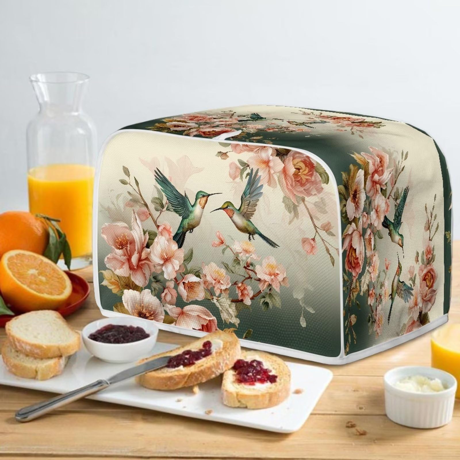 Hummingbird Floral Print 4-Slice Toaster Cover - Dust Protection Washable Kitchen Appliance Cover for Toaster Oven & Bread Maker - Decorative & Practical Kitchen Accessory with Handle (Perfect for Country Style Kitchens & Breakfast Nooks)