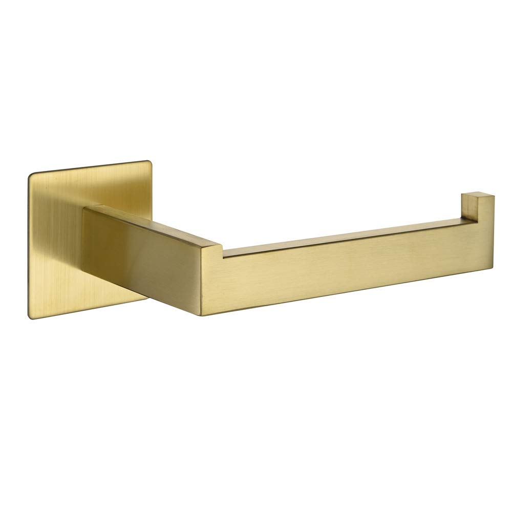 BATHSIR No Drill Self Adhesive Toilet Paper Holder - Brushed Gold Stainless Steel Bathroom Tissue Roll Holder - Perfect for Apartments, RVs & Small Spaces