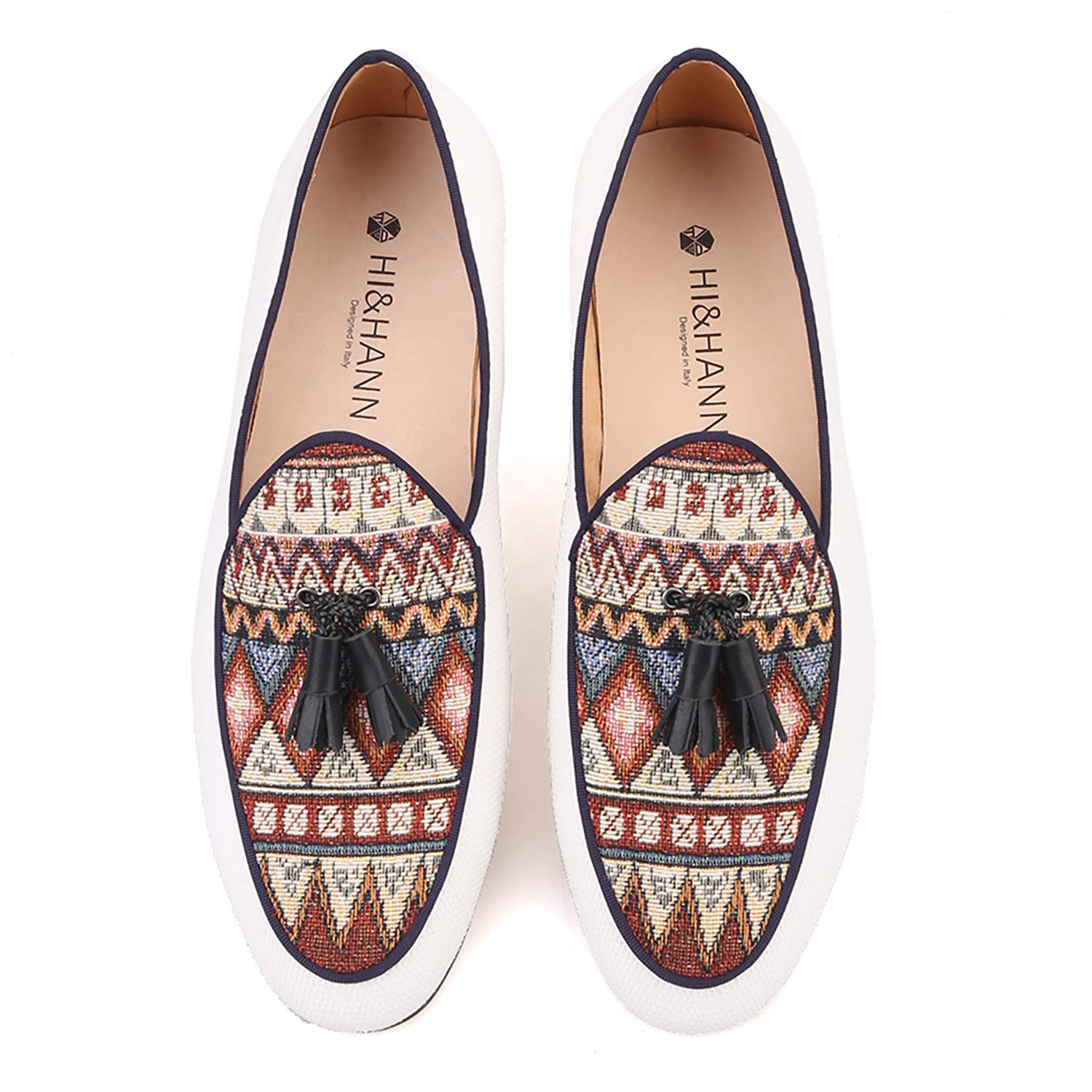 HI&HANN Men's Cotton Canvas Loafers with Paisley Pattern - Stylish Tassel Dress Shoes for Weddings, Parties & Formal Events - Comfortable Smoking Slippers & Casual Flats for Men