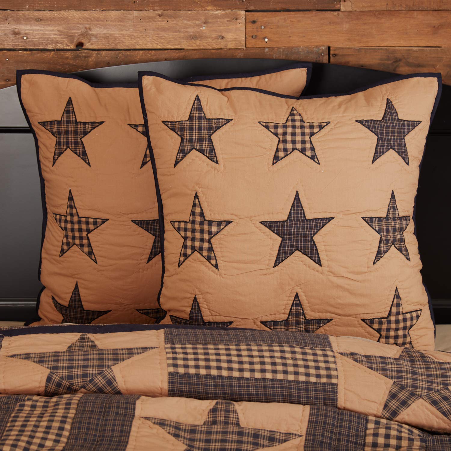 VHC Brands Teton Star Quilted Euro Sham Pillow Cover 26x26 Inch - Country Patchwork Design in Navy and Tan - Perfect for Farmhouse, Rustic & Country Style Bedroom Decor