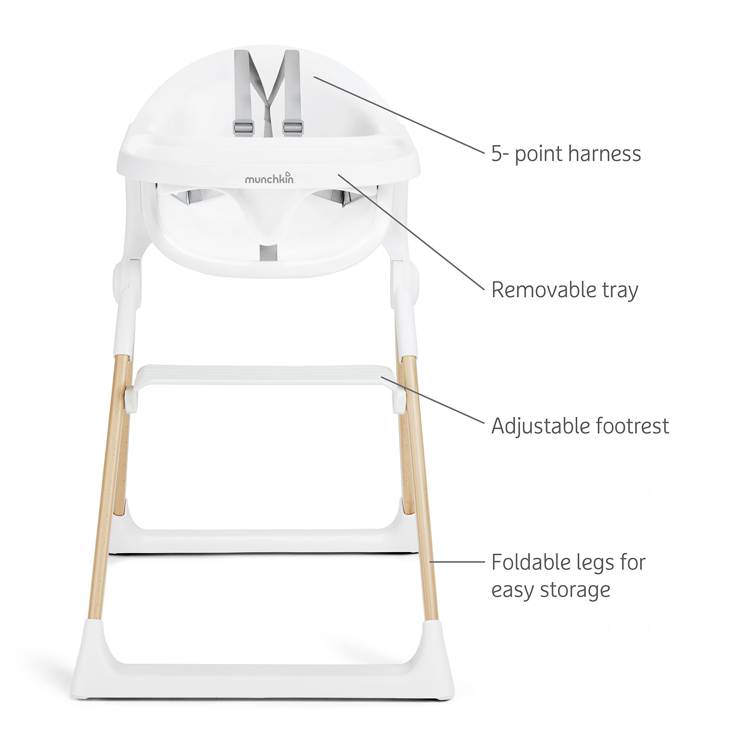Munchkin Float Baby High Chair - Foldable & Easy Clean Infant Toddler Feeding Seat with Wooden Legs in White - Perfect for Home, Travel & Outdoor Dining