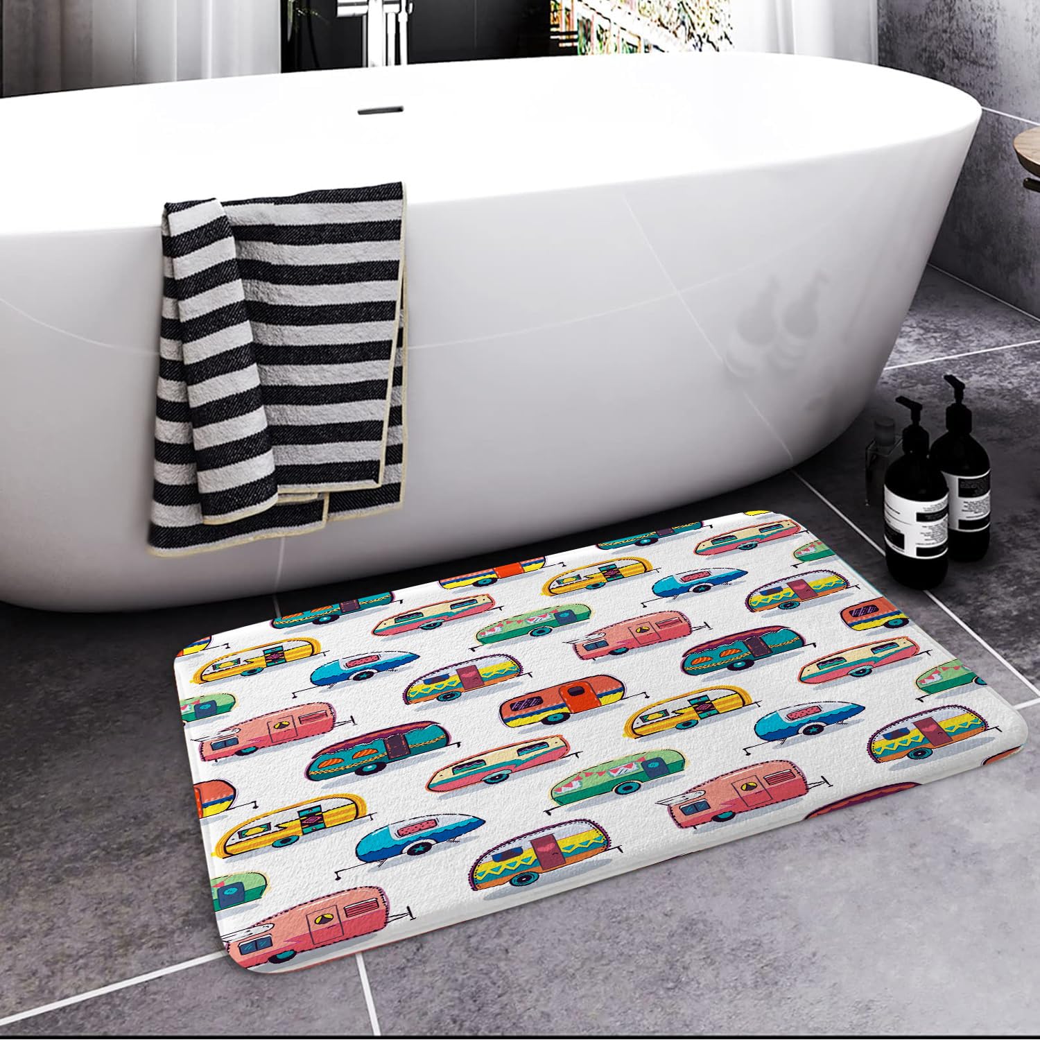 JAWO Happy Camper Bath Mat - Non-Slip RV Camping Bathroom Rug, Retro Style Doormat for Trailer, Front Door, Kitchen & Bedroom - Perfect for Camping Trips & Cozy Home Decor