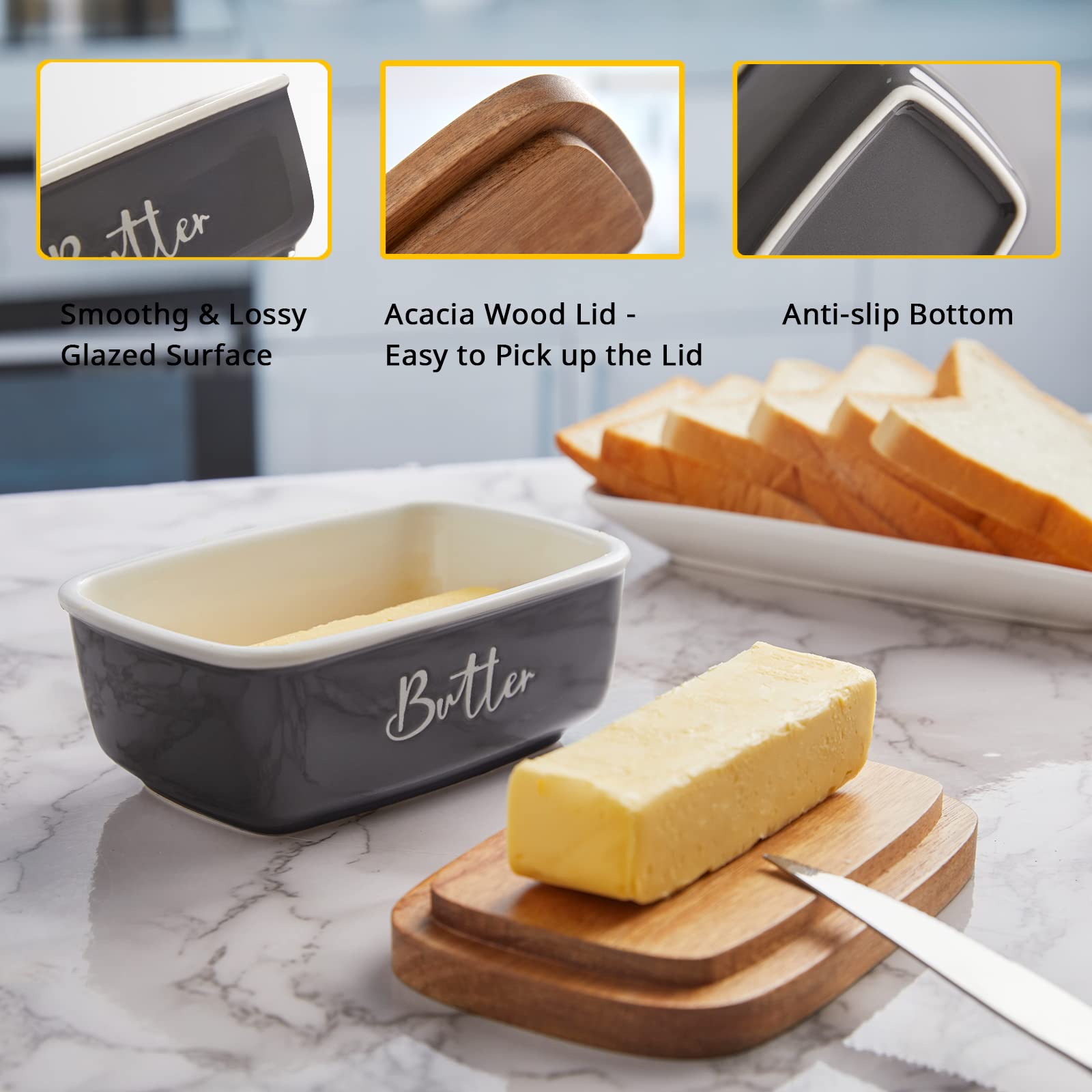 ALELION Large Gray Ceramic Butter Dish with Acacia Wood Lid - Modern Country Style Countertop Butter Container - Perfect for Kitchen Decor, Housewarming Gifts & Breakfast Table Setting