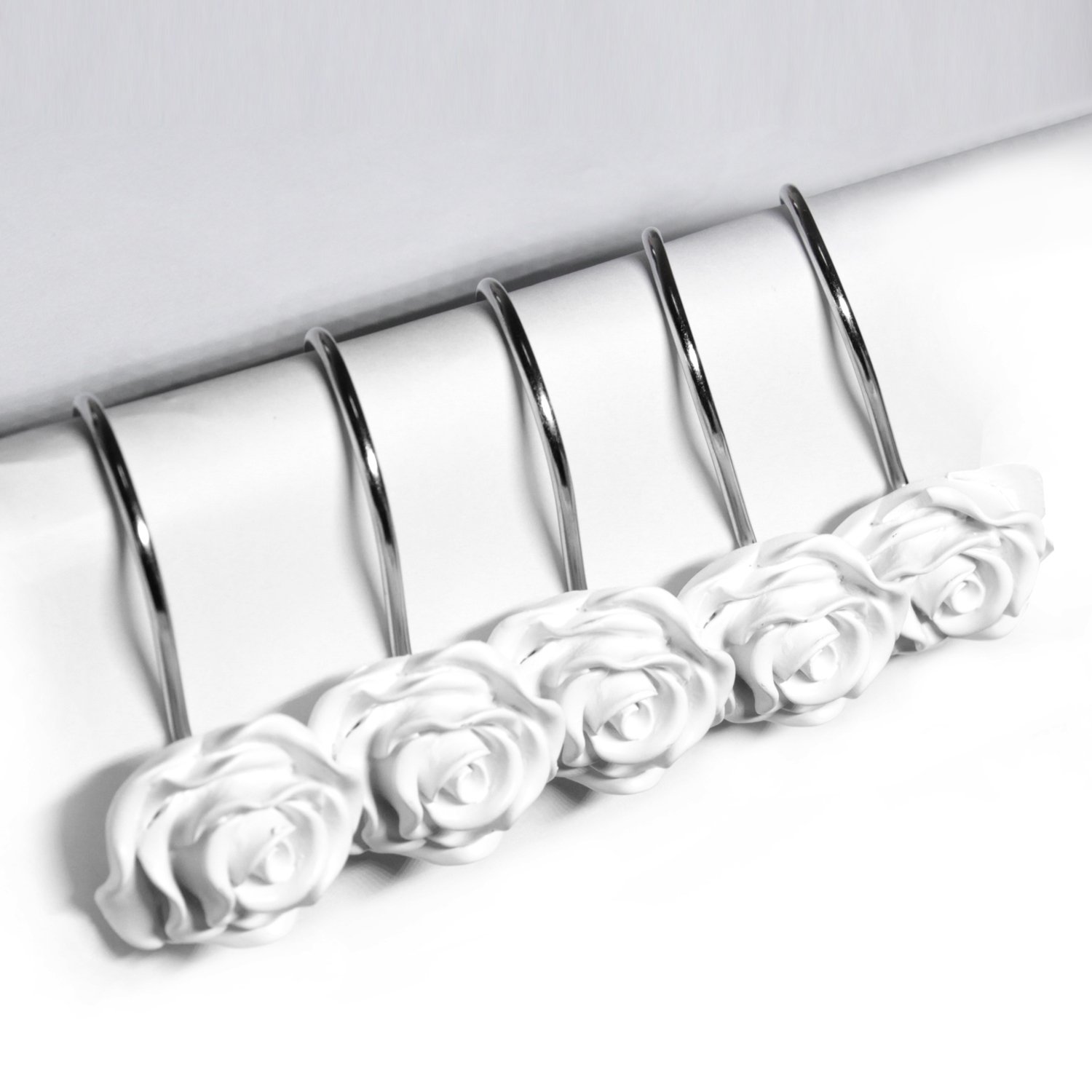 BEAVO 12 Pack Rustproof Resin Rose Flower Shower Curtain Hooks - Decorative Bathroom Accessories for Shower Rods & Curtains, White - Perfect for Home, Hotel, and Spa Decor