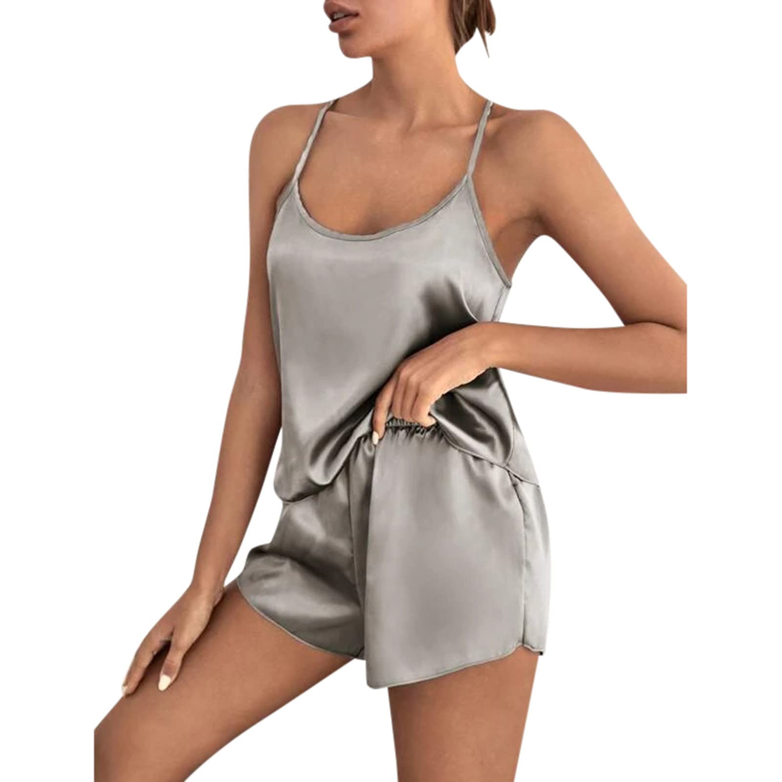 AMTF 2022 Women's Lace Satin Sleepwear Set - V-Neck Cami Top & Shorts Pajama Set | Soft Loungewear & Lounge Lingerie for Comfortable Sleep & Relaxation at Home