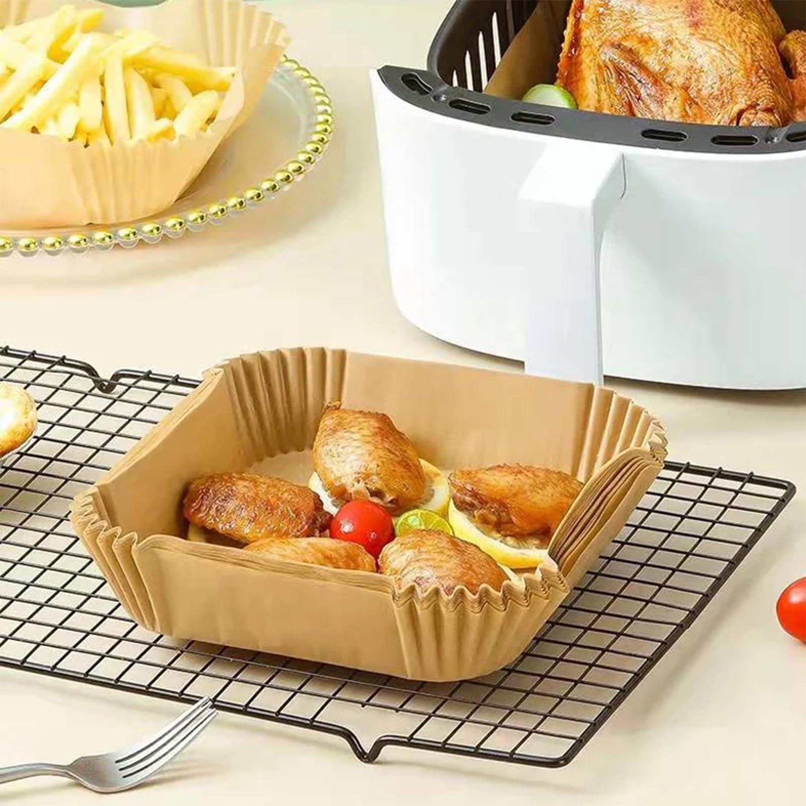 100PCS 8 Inch Square Air Fryer Paper Liners - Non-Stick & Oil-Proof Parchment Sheets for 5-8 QT Air Fryers, Microwave Safe Disposable Liners - Perfect for Healthy Cooking, Reheating & Baking