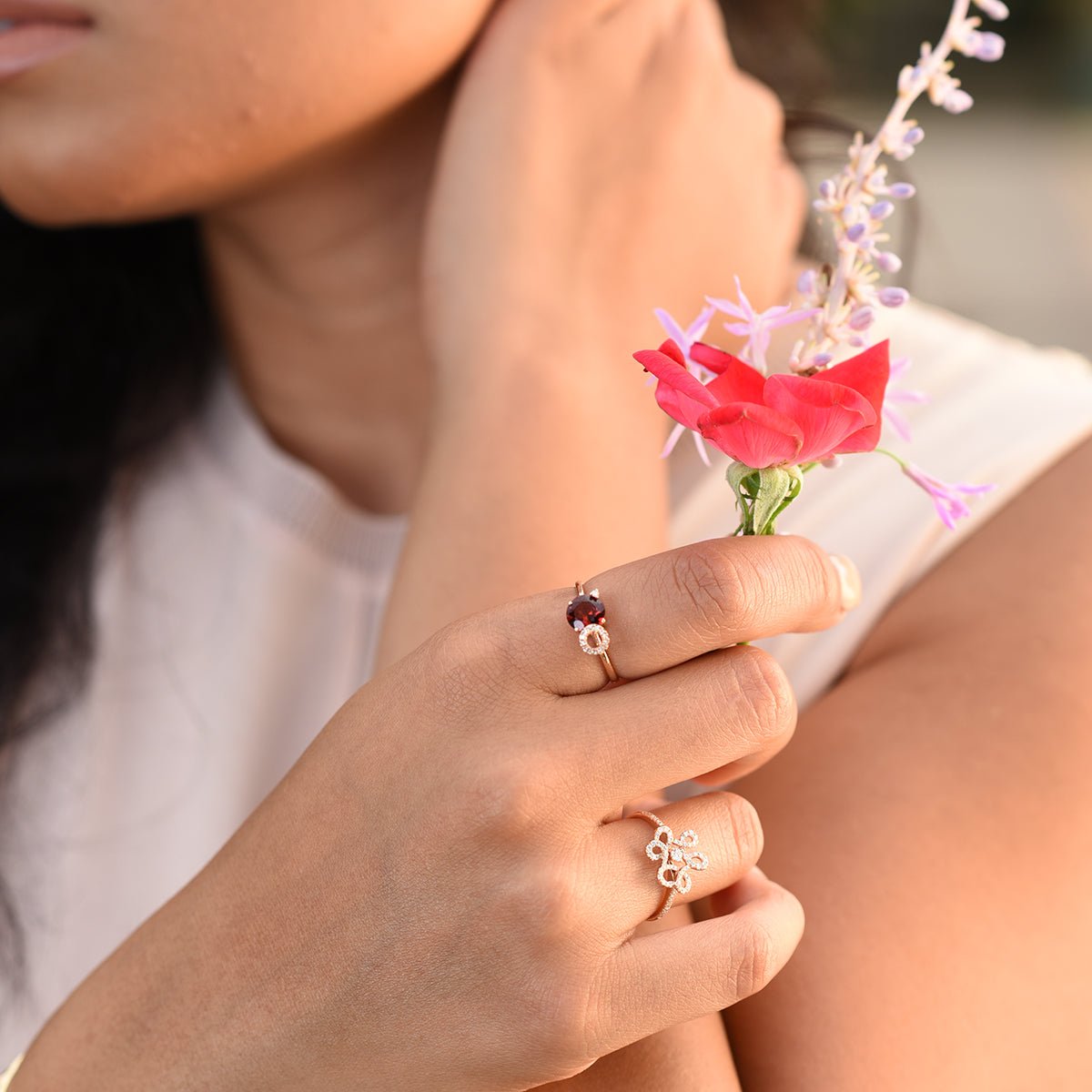 14K Rose Gold Stacked Diamond & Garnet Solitaire Cocktail Ring for Women - Elegant Statement Jewelry for Parties, Weddings & Special Occasions