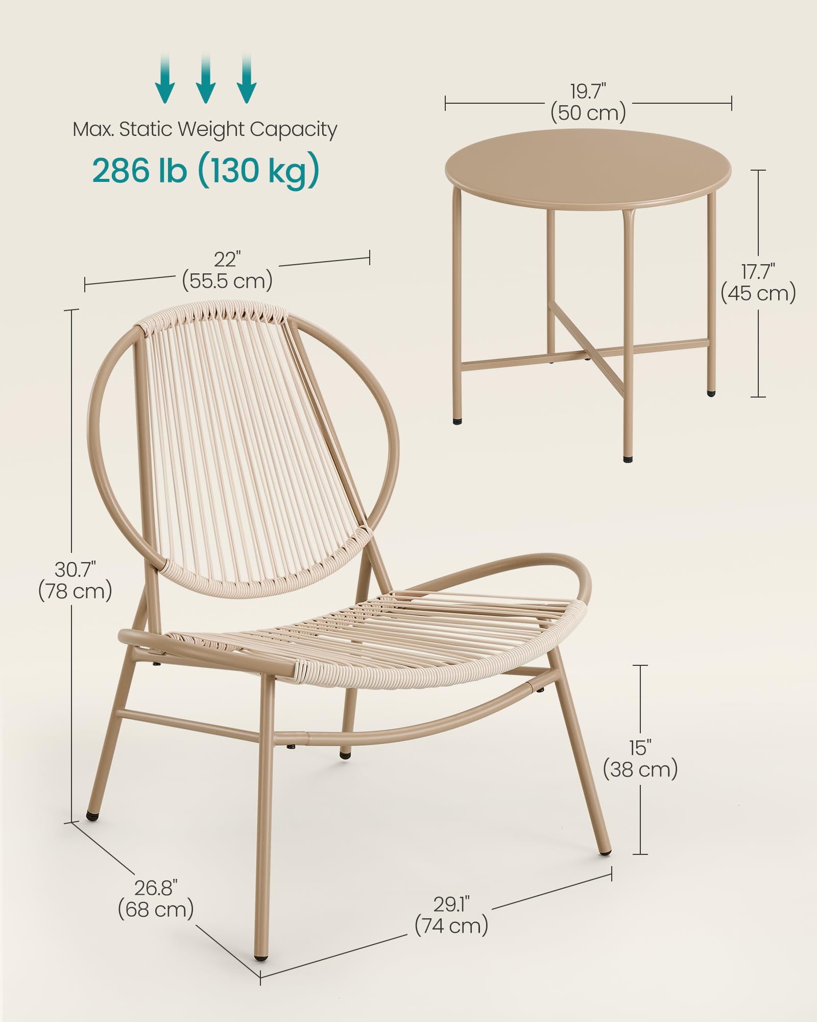 SONGMICS 3-Piece Patio Furniture Set - Acapulco Chairs & Side Table, Outdoor Garden Bistro Set for Balcony, Porch, Backyard - Indoor/Outdoor Conversation Seating in Camel Brown (UGGF021K01) | Perfect for Small Spaces, Coffee Breaks & Relaxing Outdoors