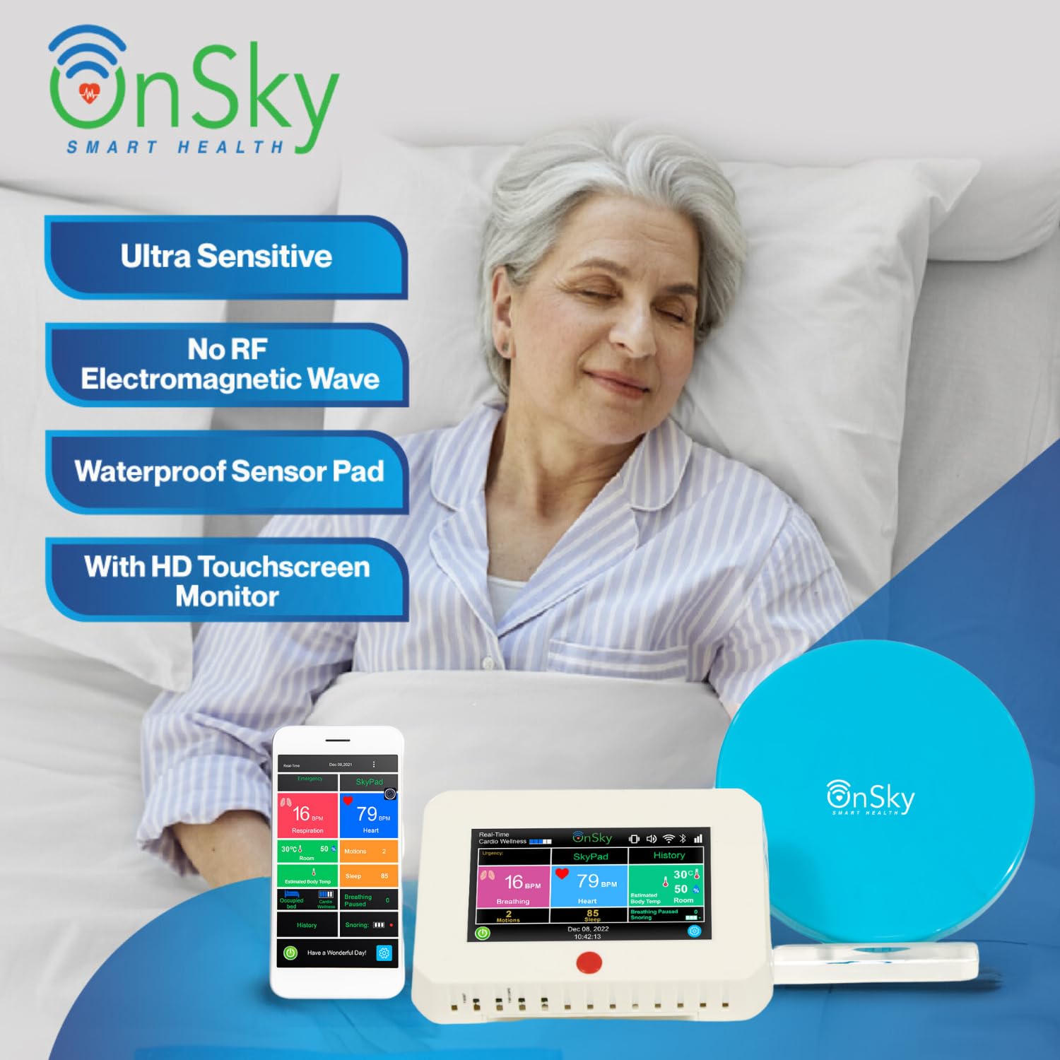 OnSky SkyPad Contactless Heart Rate & Breathing Monitor for Seniors & Home Care - Track Vital Signs, Movement & Sleep - Wireless Health Monitoring with Touchscreen Display & Urgency Alerts - Ideal for Elderly Care, Remote Patient Monitoring & Home Wellness