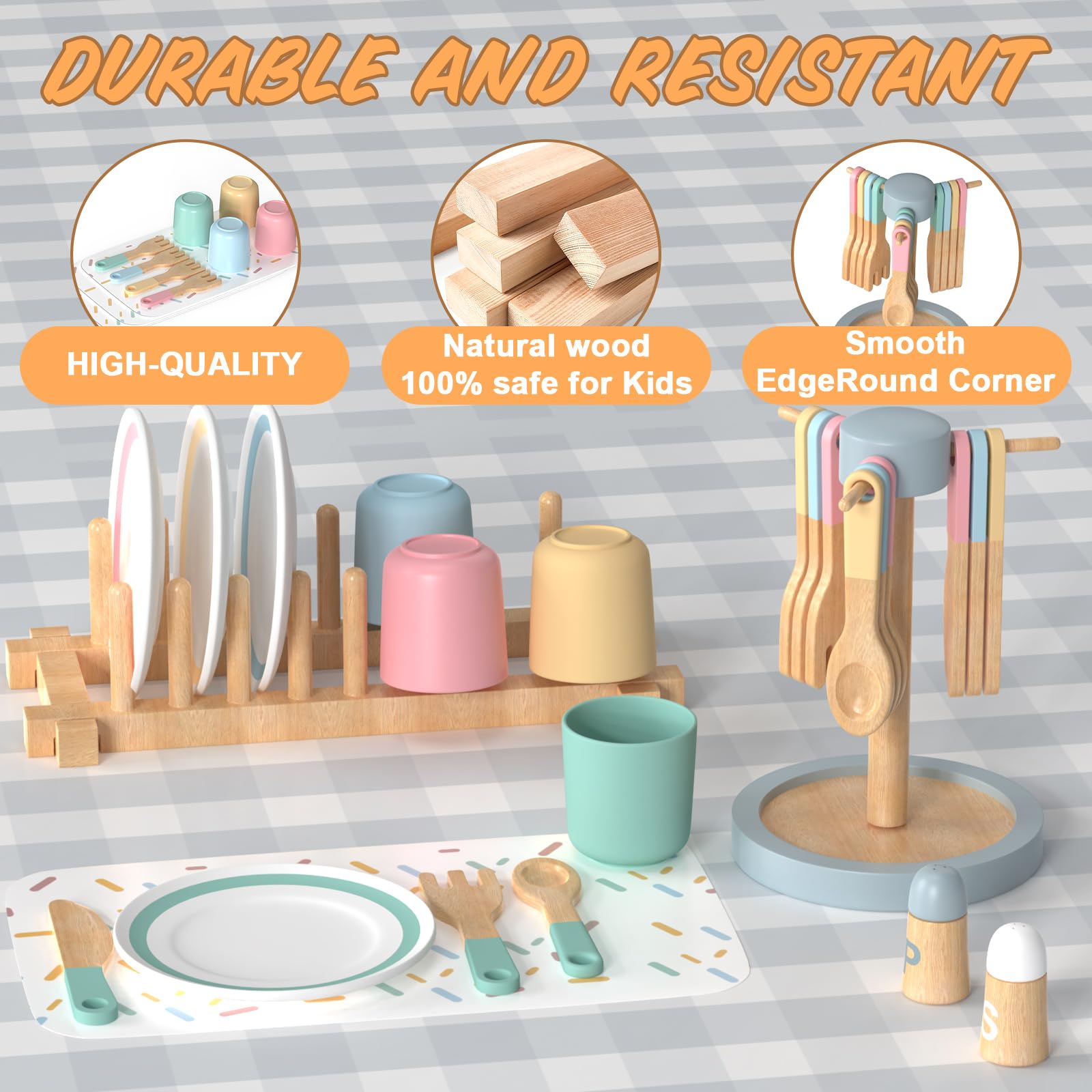 IIFONII 33PCS Wooden Kitchen Playset for Kids - Montessori Pretend Play Toy Dishes & Accessories for Toddlers 1-6 Years, Perfect for Home, Preschool & Daycare Pretend Cooking Fun