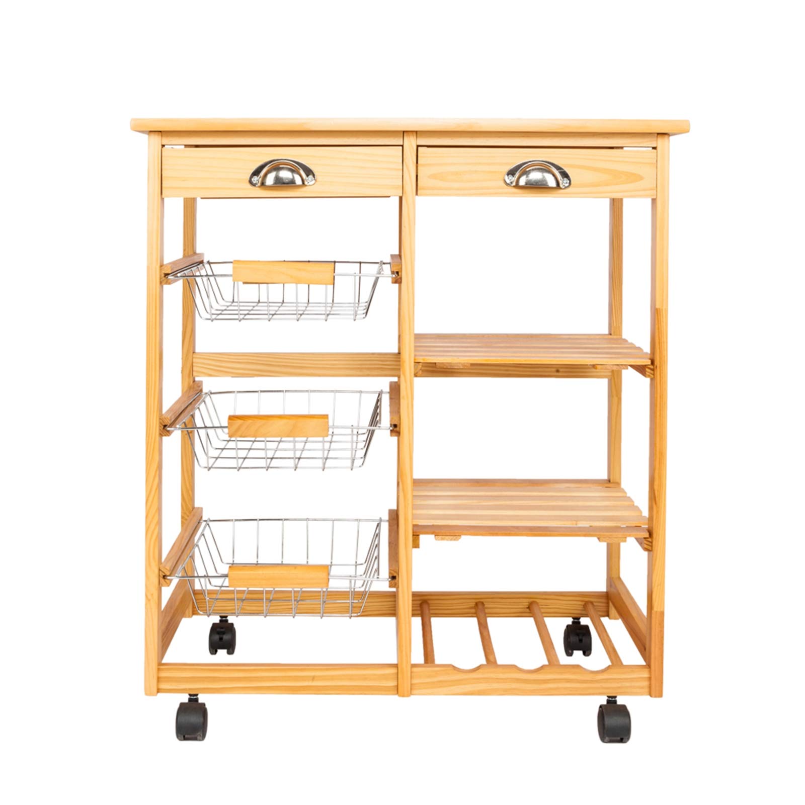Haosigun 3-Tier Kitchen Island Rolling Cart with Wheels - Solid Wood Microwave Cart with 2 Drawers, 3 Baskets & 3 Storage Shelves - Wooden Kitchen Utility Cart for Small Spaces, Apartment Cooking & Countertop Organization