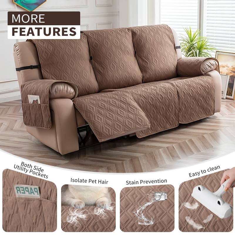 Waterproof Reclining Sofa Cover 3-Seater Non-Slip Washable Furniture Protector for Pets & Kids - Camel Color - Perfect for Living Room, Family Room & Pet-Friendly Homes