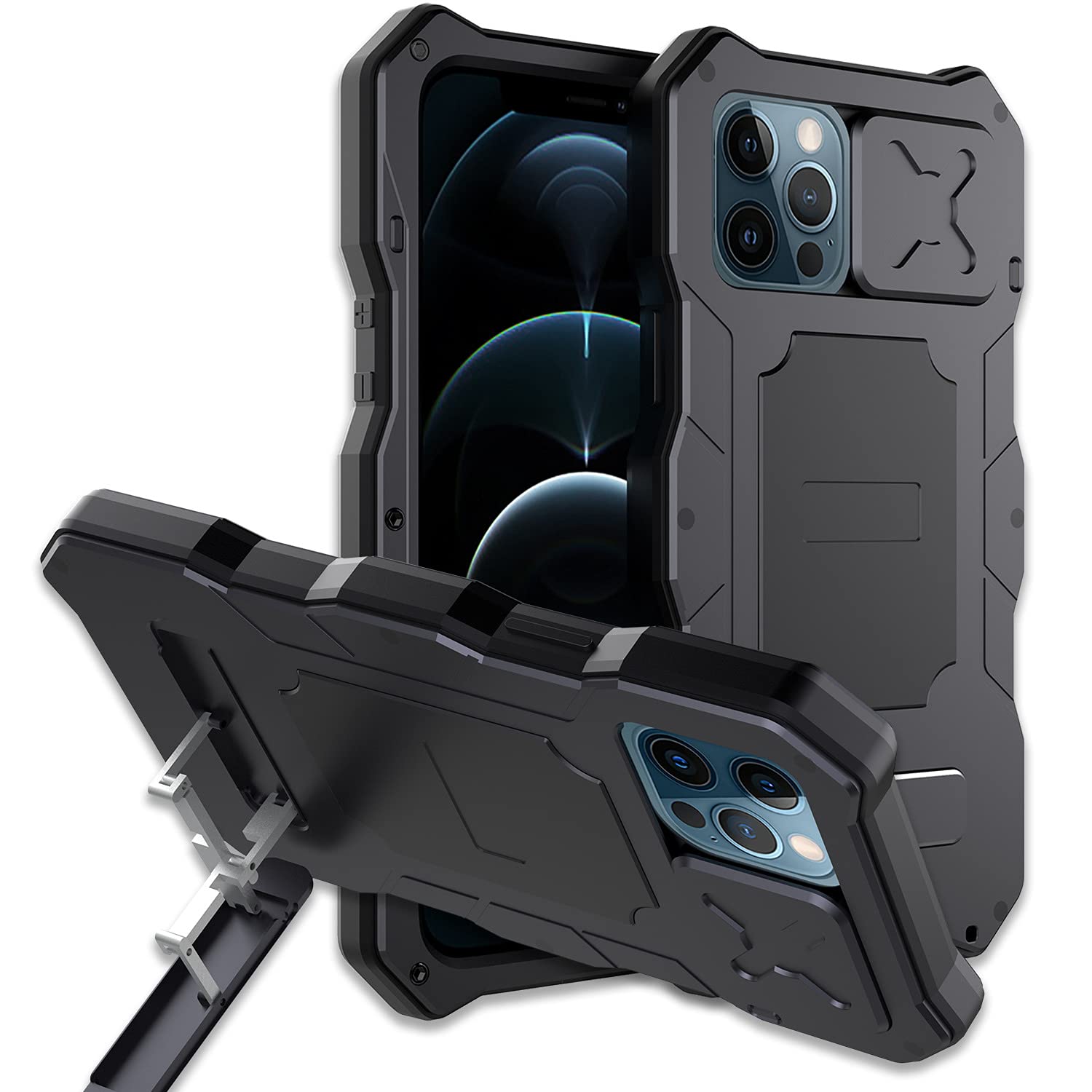 AWJK Heavy Duty Metal Full Body Case for iPhone 13 Pro & 13 Pro Max - Reinforced Corner Protection, Built-in Lens Cover & Kickstand - Shockproof Rugged Phone Cover for Outdoor Activities, Travel & Extreme Sports (Black)