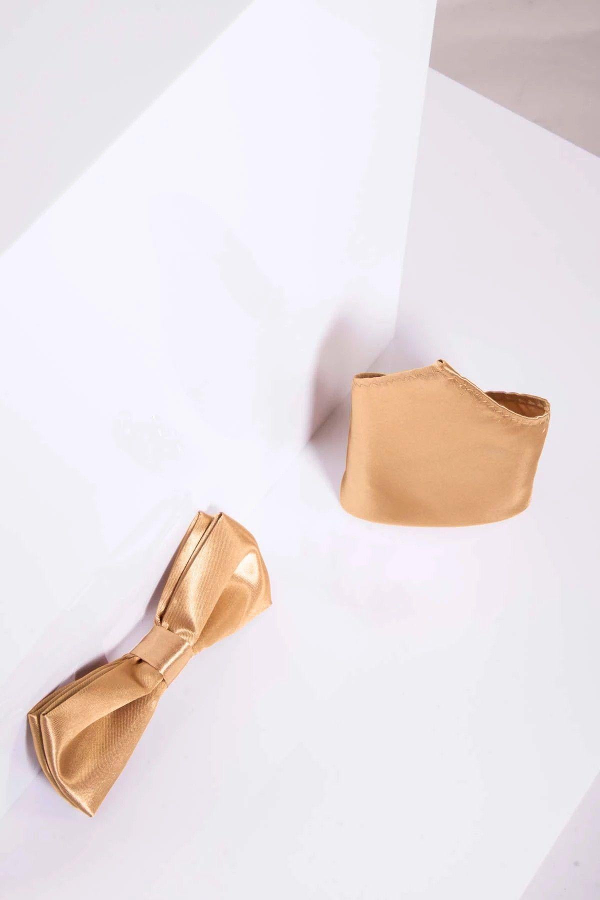 STANLEY Gold Satin Bow Tie and Pocket Square Set for Weddings, Prom & Formal Events - Elegant Men's Accessories
