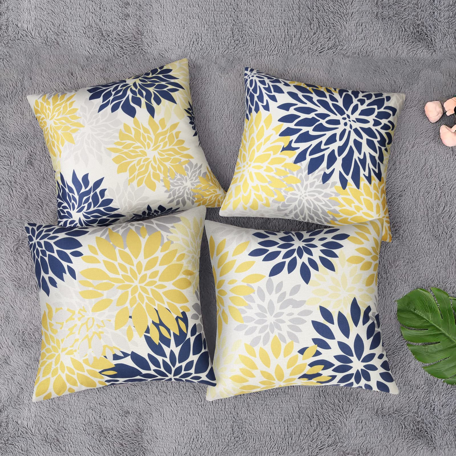 Pyonic Decorative Throw Pillow Covers 18x18 Inch - Yellow Modern Linen Flower Cushion Covers for Sofa, Bed, Car & Bedroom - Set of 4 Home Decor Accent Pillows - Perfect for Living Room, Nursery, Patio & Outdoor Spaces