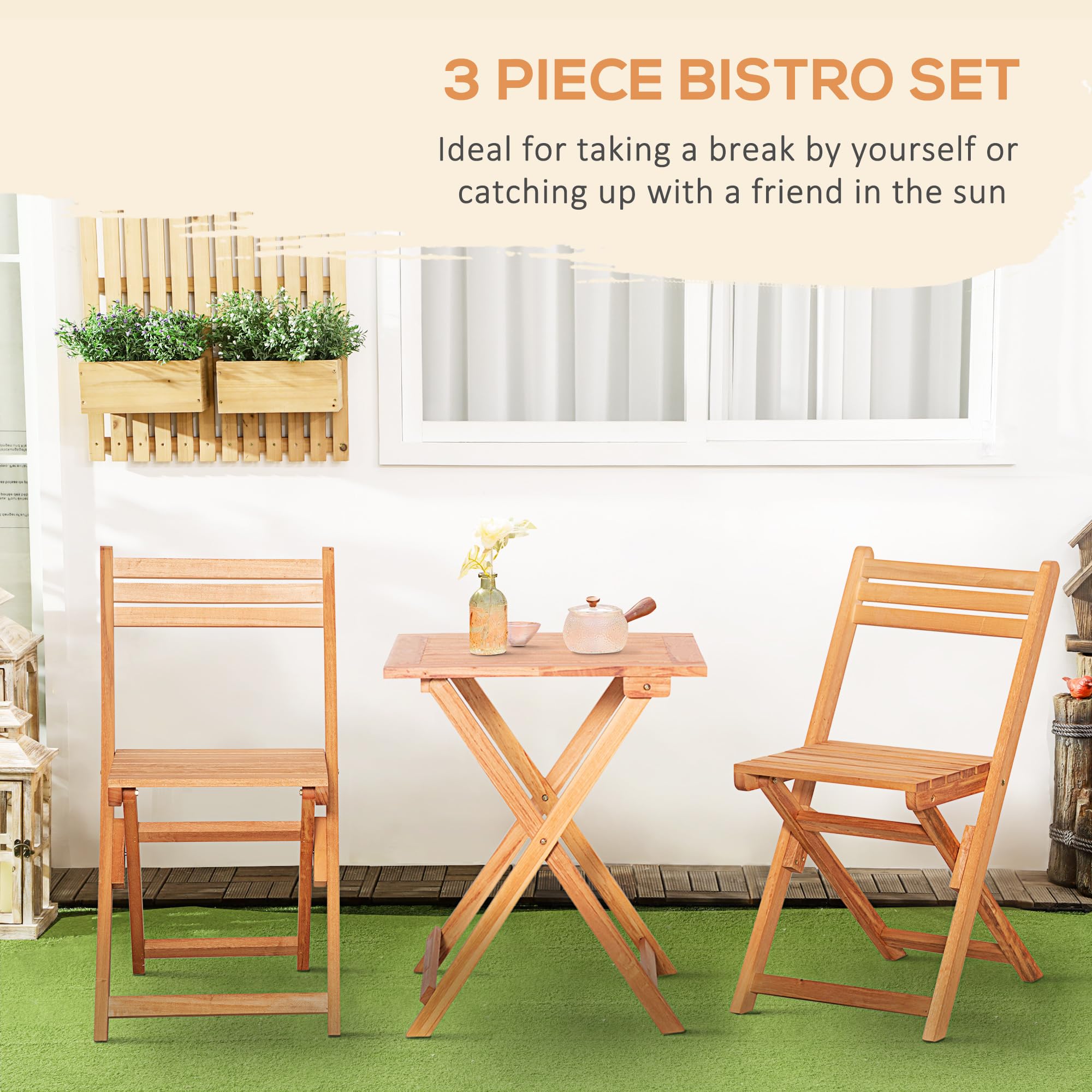 Outsunny 3-Piece Folding Patio Bistro Set - Teak Wood Outdoor Chairs & Table - Garden Dining Furniture for Poolside, Balcony, Deck, Backyard - Perfect for Outdoor Entertaining & Relaxation