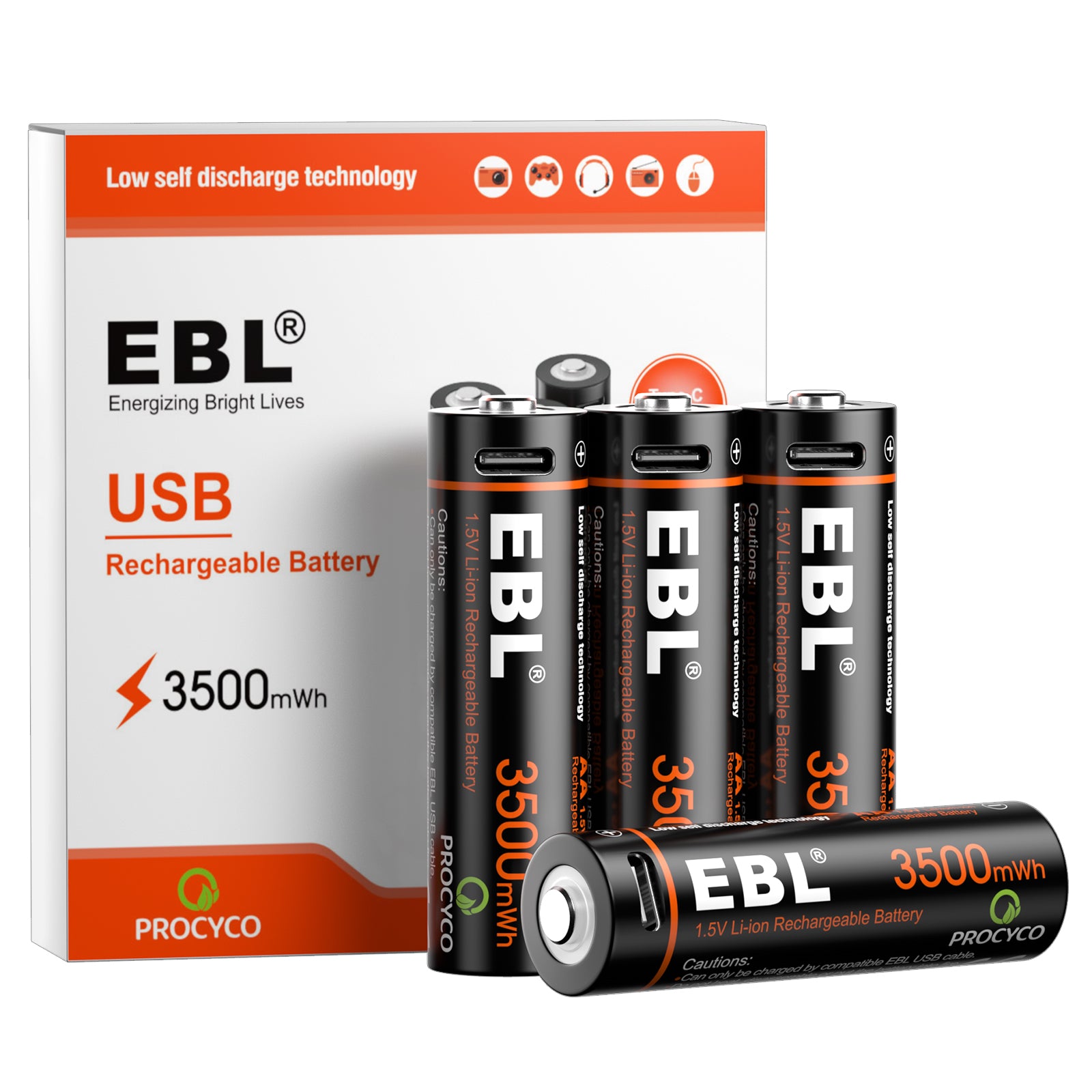 EBL 4-Pack Rechargeable AA Lithium Batteries 3500mWh with USB-C Cable - Long-Lasting Power for Cameras, Flashlights, Gaming Controllers & Smart Home Devices