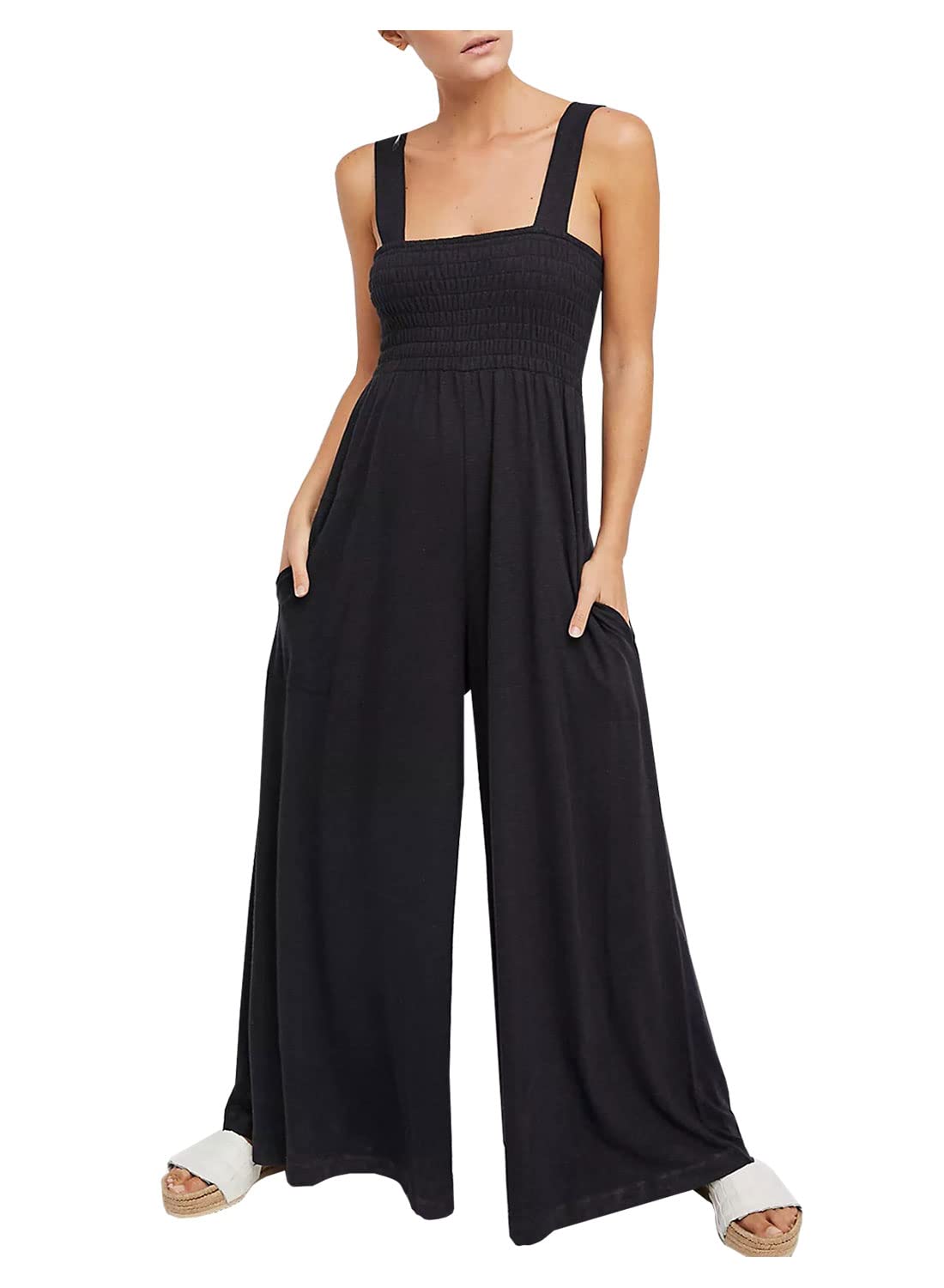 Women's Casual Off Shoulder Romper - Square Neck Smocked Wide Leg Jumpsuit with Pockets | Summer Beach Outfit, Vacation Wear, Boho Chic Fashion