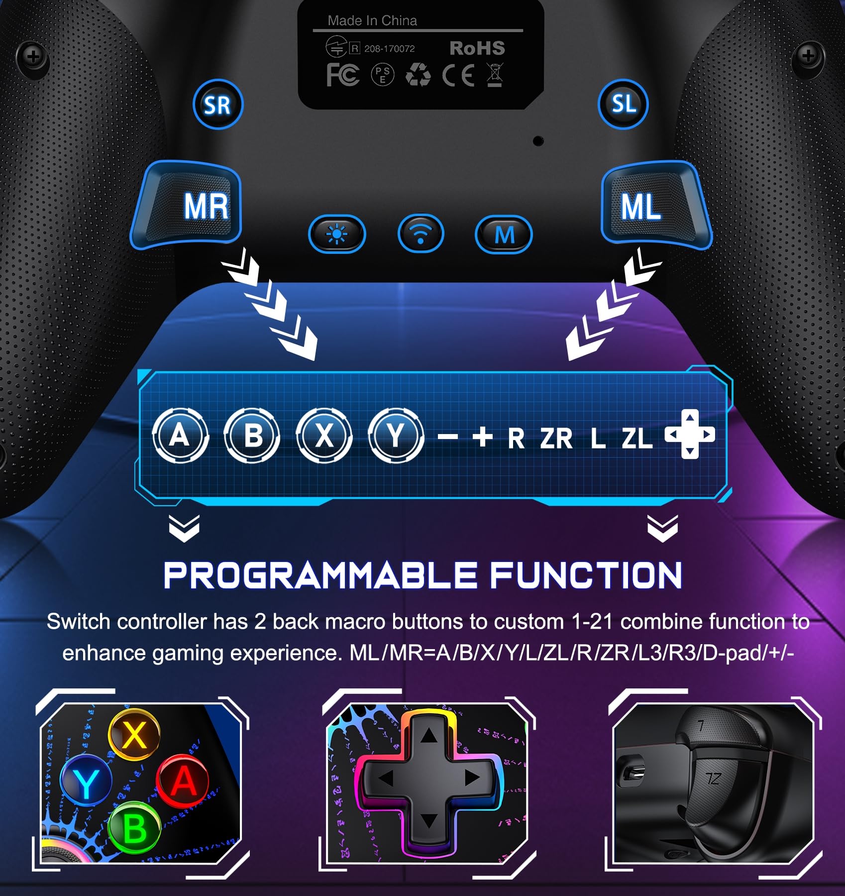 Wireless Pro Controller for Nintendo Switch/Switch Lite/Switch OLED - Compatible with iOS, Android & Windows PC - Programmable Macro, Turbo, Motion Control, Vibration & Wake Up Function - Perfect for Gaming, Streaming & Multiplayer Sessions