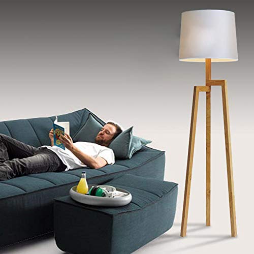 Stylish LITFAD Wood Tripod & Fabric Drum Shade LED Floor Lamp - Modern Designer Lighting for Living Room, Bedroom, Nightstand or Hotel Decor | Perfect Ambient Lighting for Reading Nook, Cozy Corner & Bedside