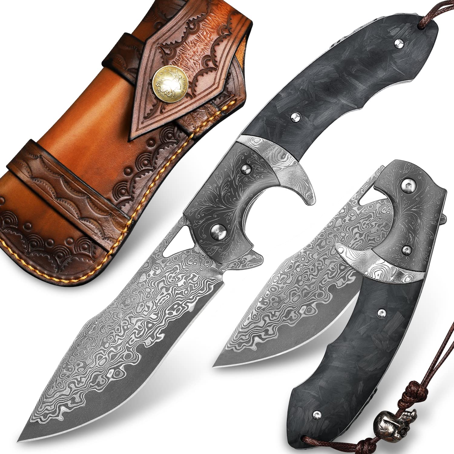 Premium Handmade Damascus Steel Folding Knife with Leather Case - 3.8 Inch VG10 Steel Core Blade, Steel Ball Bearings & Carbon Fiber Handle - Tactical Pocket Knife for Hiking, Camping, Outdoor Survival & Everyday Carry (EDC)
