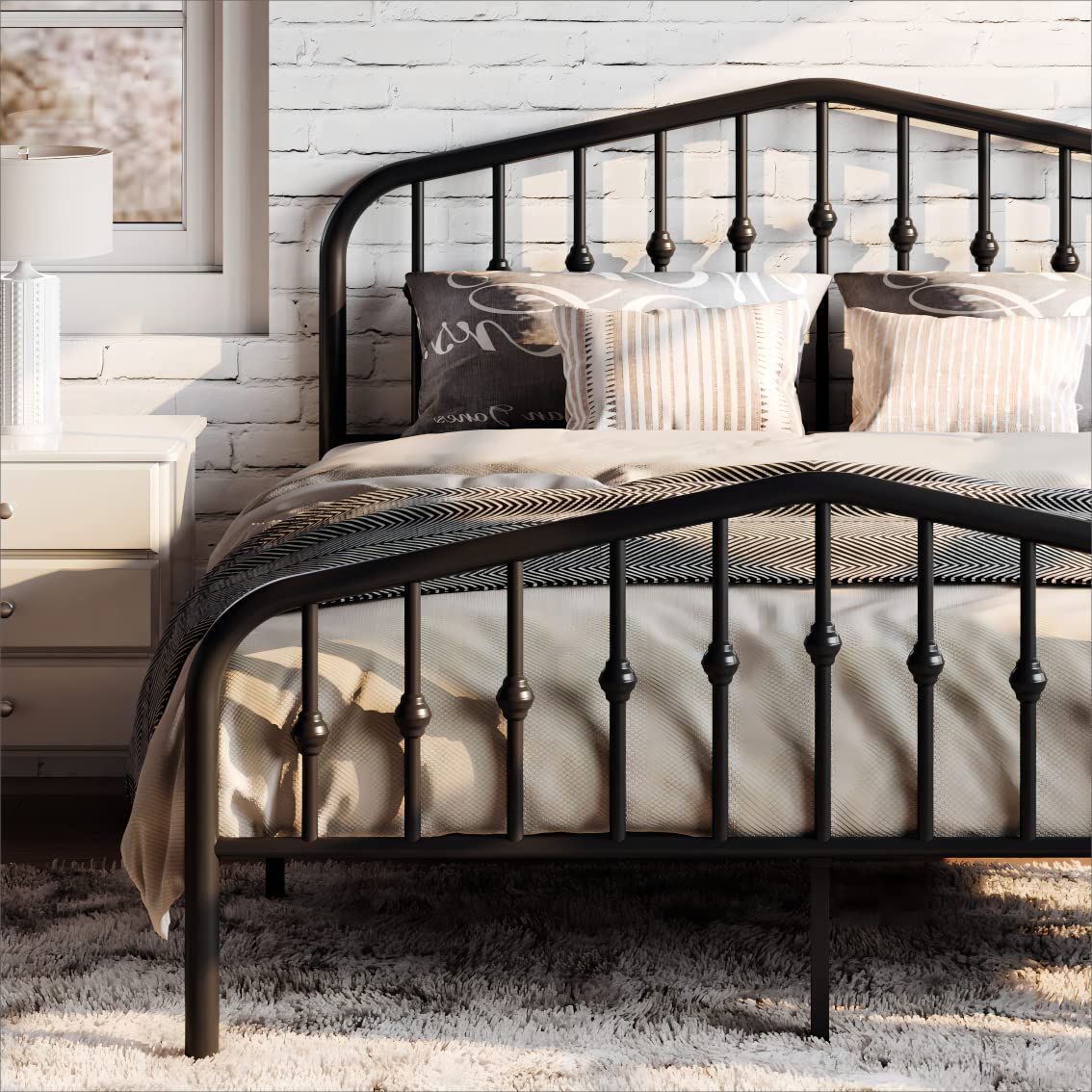 Queen Size Metal Platform Bed Frame with Victorian Style Wrought Iron Headboard & Footboard - No Box Spring Needed - Black - Perfect for Master Bedrooms, Guest Rooms & Victorian Home Decor