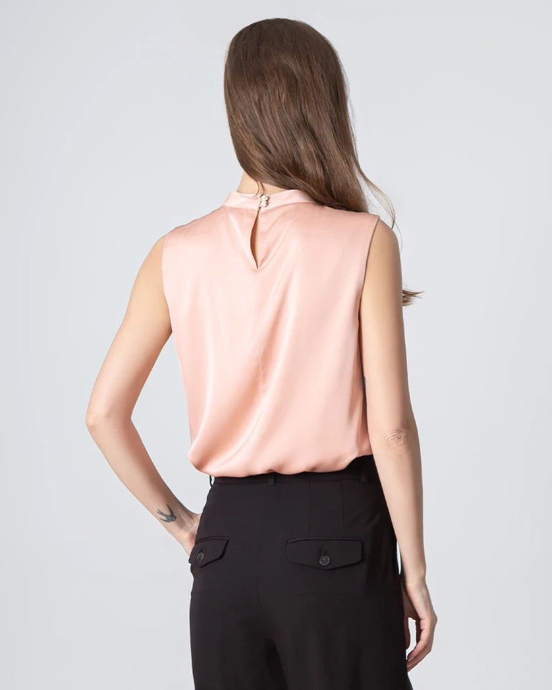 Elegant V-Neck Tie Front Sleeveless Silk Blouse for Women - Perfect for Office Wear, Date Night & Special Occasions