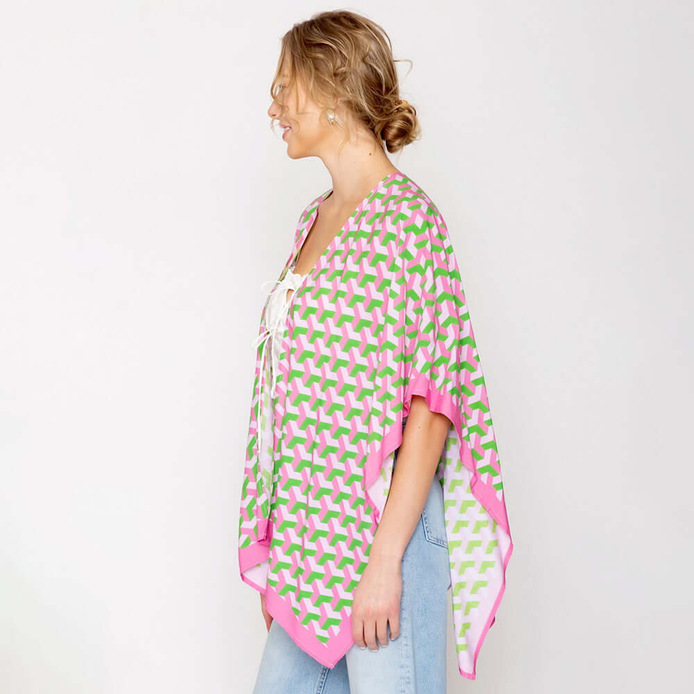 Stylish Pink & Green Geometric Print Ruana Poncho Shawl - Lightweight Wrap for Women, Perfect for Fall & Winter Fashion, Travel, and Casual Outings