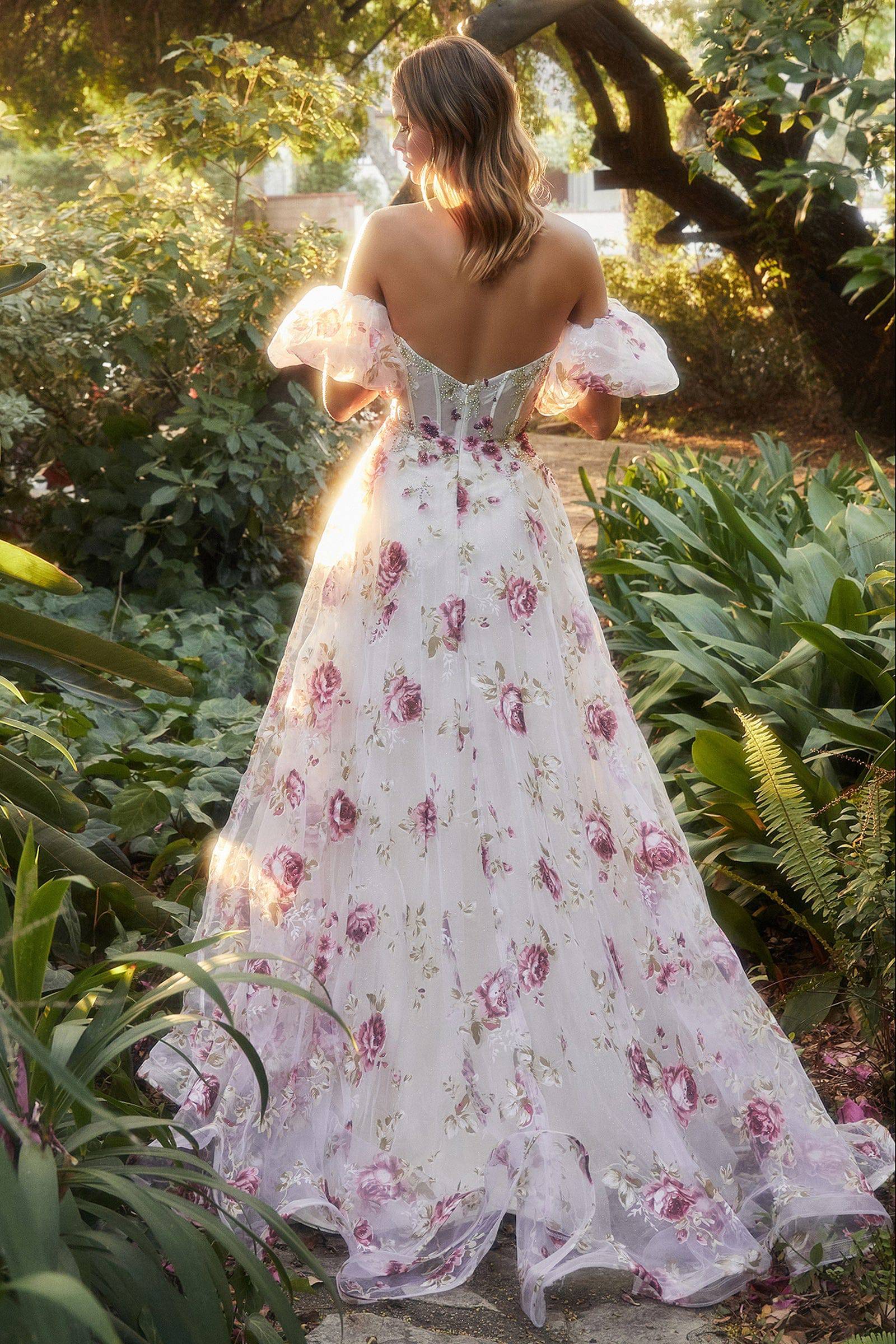 Andrea & Leo A1133 Strapless Organza Peony Print Ball Gown Wedding Dress - Elegant Prom, Evening Gown for Bridal, Quinceañera, Red Carpet Events