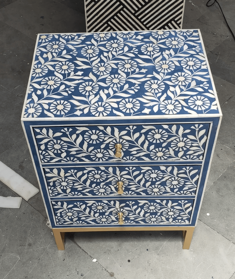 Handmade Bone Inlay Sunflower Design Nightstand - Blue Bedside Table with Drawer | Vintage Boho Bedroom Furniture for Small Spaces, Guest Rooms & Master Bedroom Decor