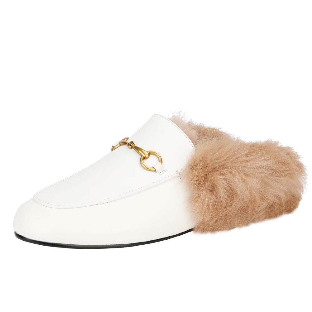 Women's Faux Fur Mules - Leather Low Heel Loafers with Pointed Toe | Rabbit Fur-Lined Backless Slides | Comfortable House Slippers for Indoor/Outdoor Wear