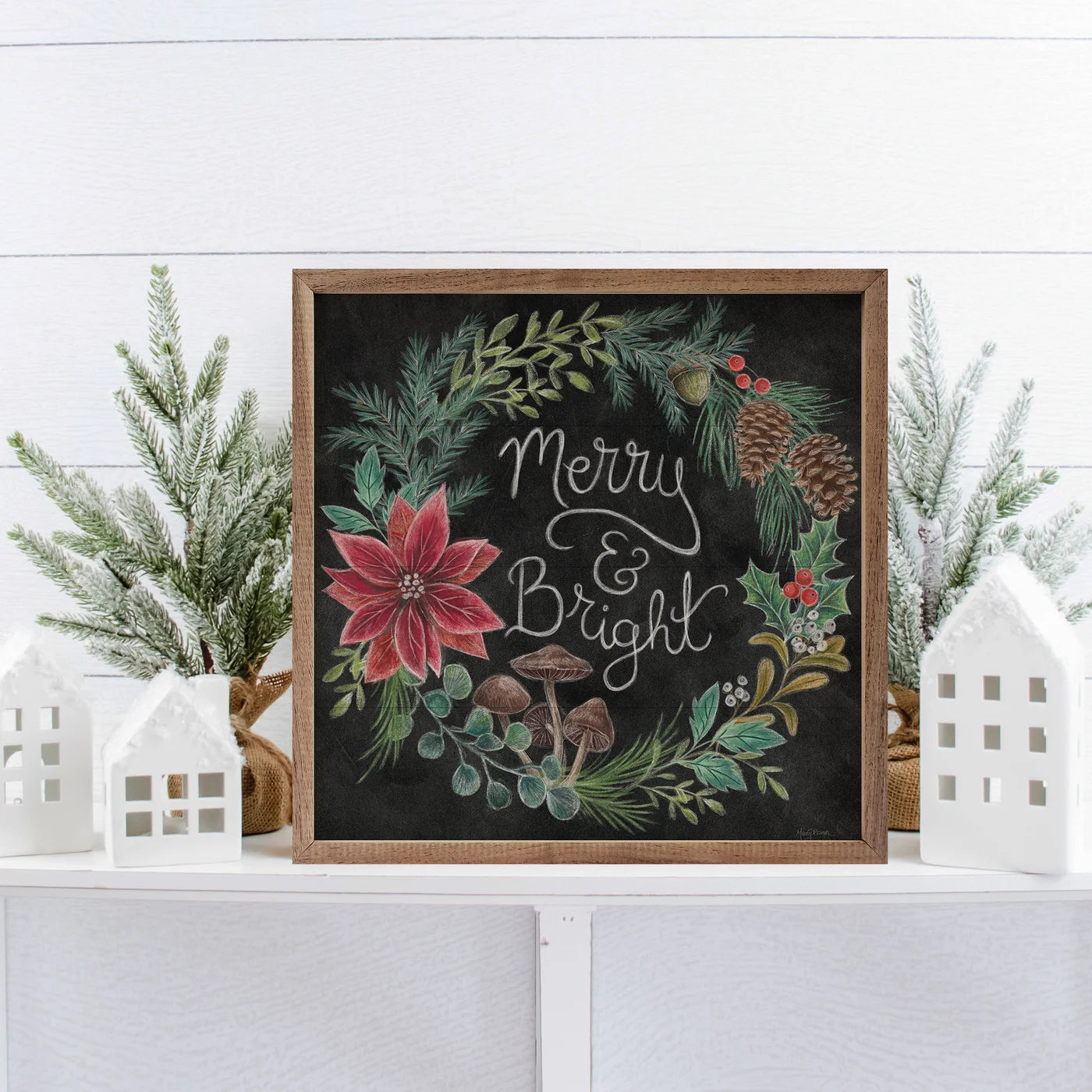 Christmas Chalk Merry Wood Framed Print - Holiday Wall Decor for Home, Office & Gifts - Perfect for Living Room, Bedroom & Christmas Party Decorations