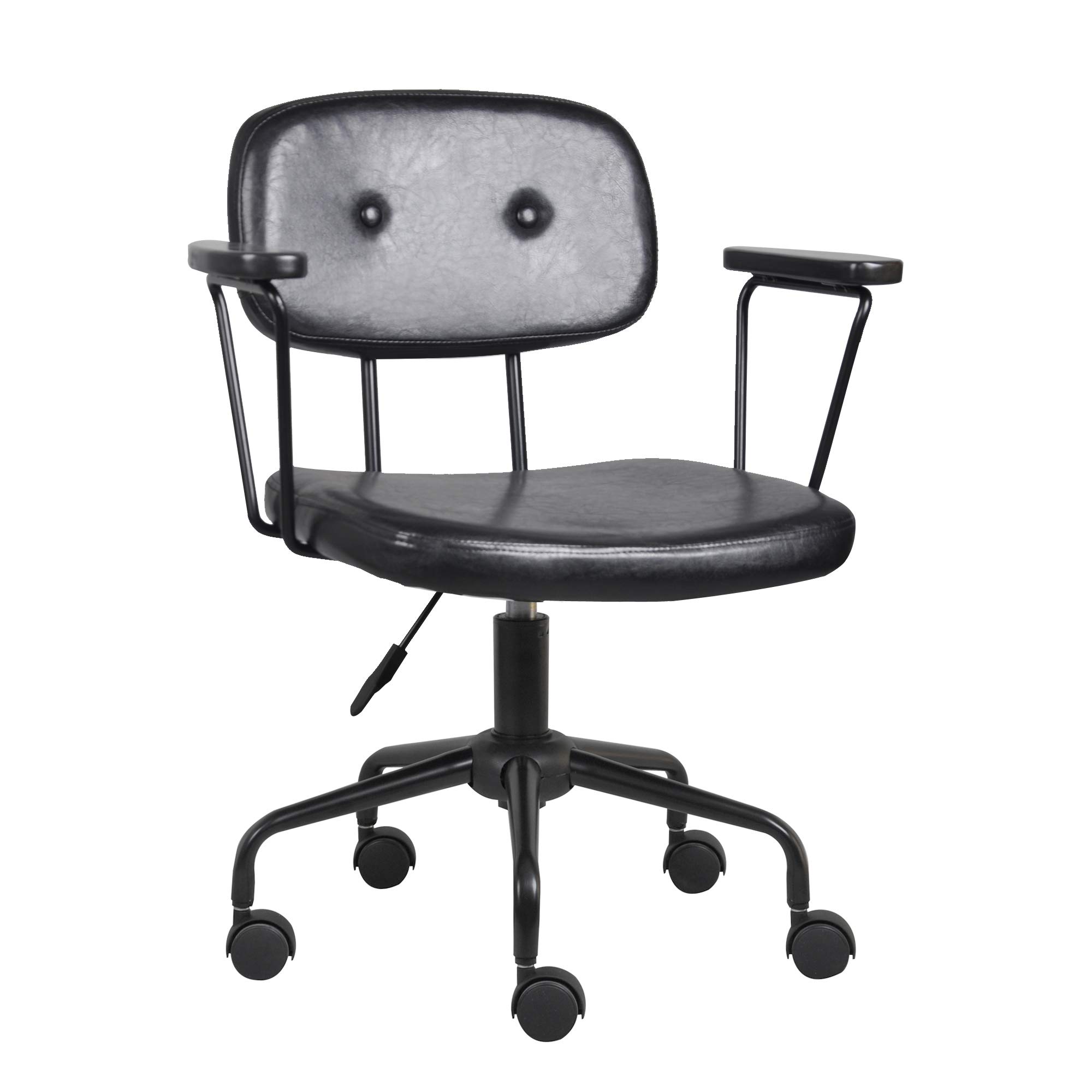 Vintage Mid Century Modern Computer Desk Chair - Classic Retro Office Chair with Comfortable Black Faux Leather - Adjustable Swivel Task Chair with Armrests - Industrial Style Home Office Furniture for Work & Study