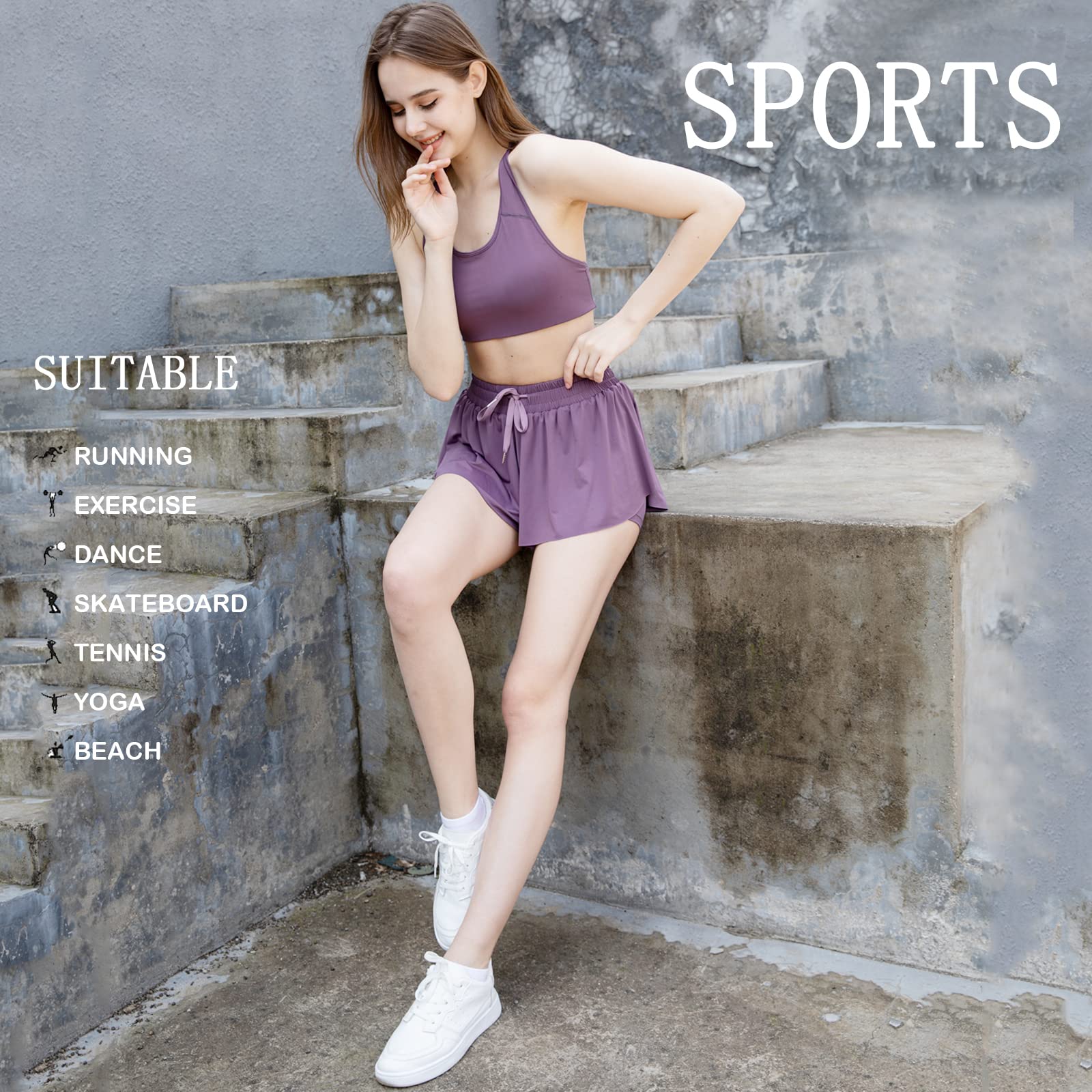 Blostirno 2023 Women's 2-in-1 Running Shorts with Built-in Skirt - High Waist Yoga Workout Athletic Shorts with Drawstring & Pockets for Gym, Jogging, and Summer Outdoor Activities