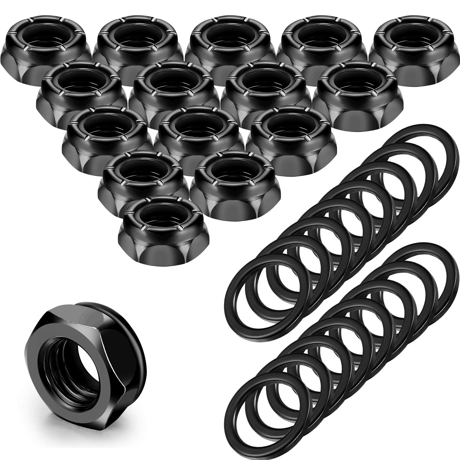 16-Piece Black Skateboard Truck Nuts & Axle Washers Kit - Durable Longboard Hardware Set for Smooth Riding & Board Maintenance | Perfect for Street Skating, Cruising & DIY Skateboard Repairs