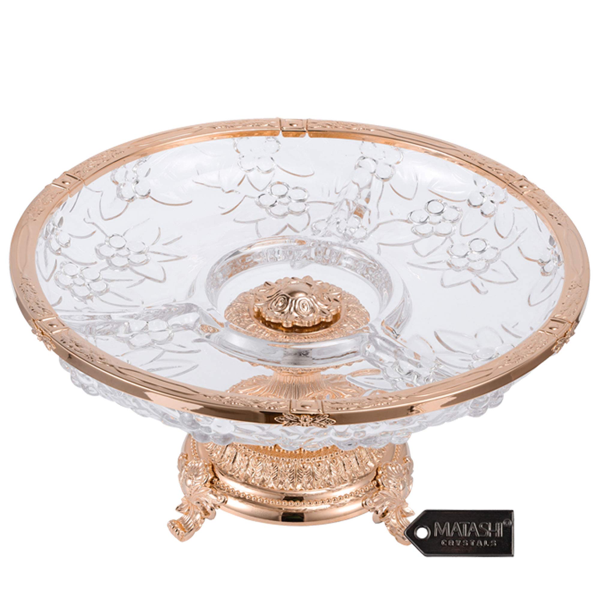 Matashi Crystal 3-Tiered Compote Bowl with Rose Gold Base - Elegant Round Serving Platter for Wedding Centerpieces, Party Desserts, Cake Stand, Candy Display & Salad Serving - Perfect for Dining Table Decor & Special Occasions