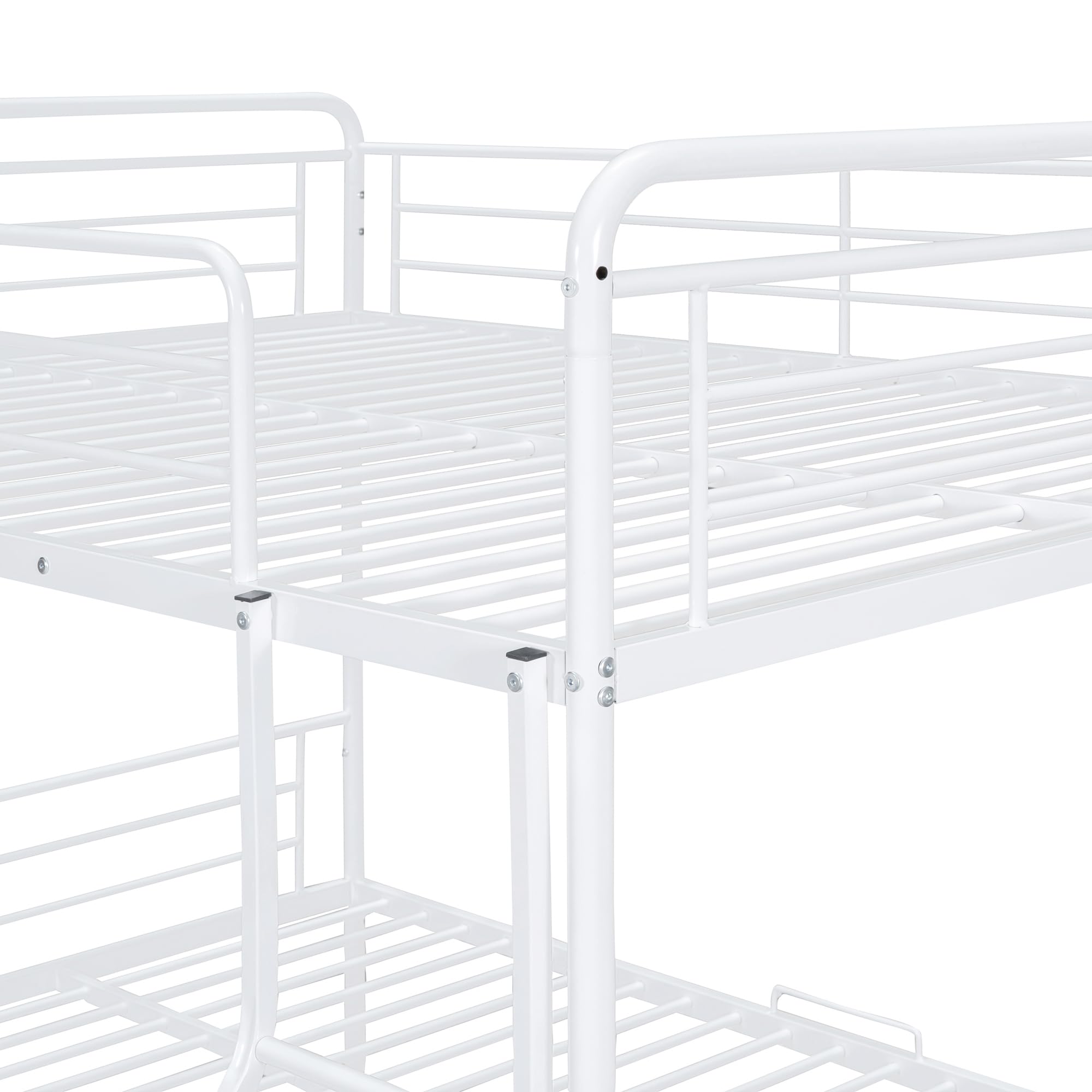 Merax Full XL Over Queen Metal Bunk Bed Frame with Twin Size Trundle & Full-Length Guardrails - Sturdy Space-Saving Bunk Bed for Teens, Kids, Boys & Girls - Perfect for Dorms, Guest Rooms & Small Bedrooms (White)