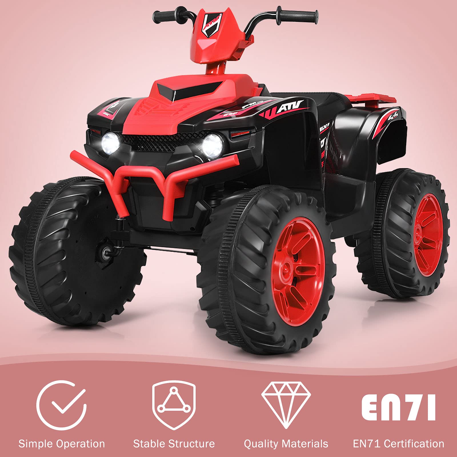 OLAKIDS 12V Kids Ride On ATV Electric Quad - 4 Wheeler Battery Powered Motorized Toy Car for Boys & Girls with LED Lights, Music & Horn - High/Low Speed & Soft Start (Red) - Perfect for Outdoor Play, Backyard Fun & Birthday Gifts
