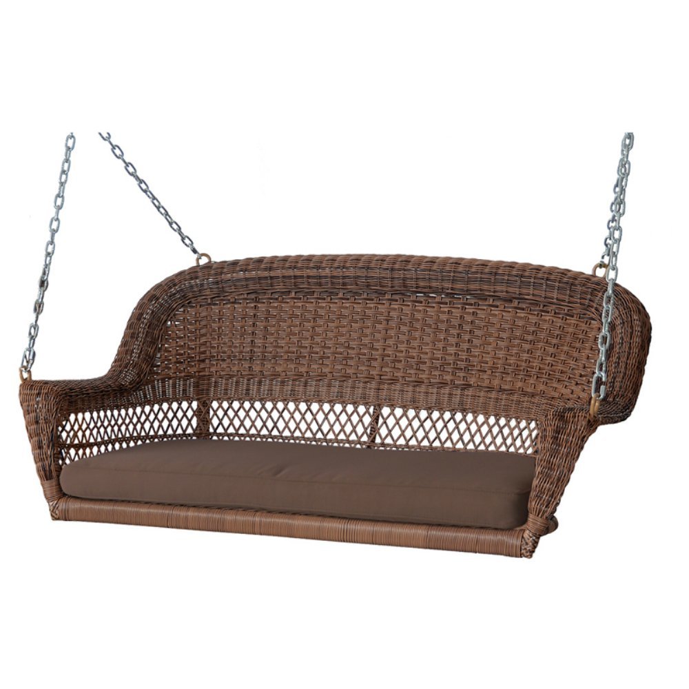 Carell Furniture Honey Resin Wicker Hanging Porch Swing with Tan Cushion - Outdoor Patio Chair for Garden, Backyard & Balcony Relaxation