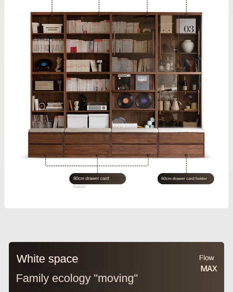 Solid Black Walnut Wood Wall-to-Wall Bookshelf with Built-in Seat - Modern Luxury Home Office & Living Room Storage Solution
