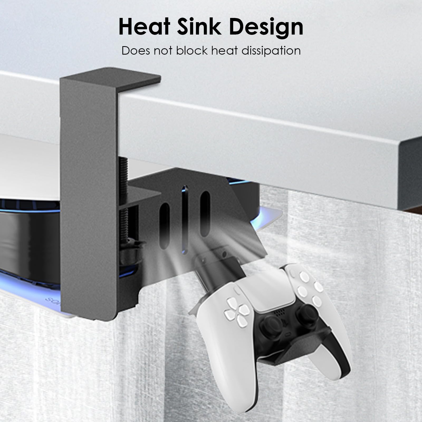 Non-Drill Under Desk Mount for PS5 & PS5 Slim - Heavy Duty Metal Gaming Console Holder with Hooks for PS5 Disc/Digital Edition - Perfect for Home Office, Gaming Room & Space-Saving Setup