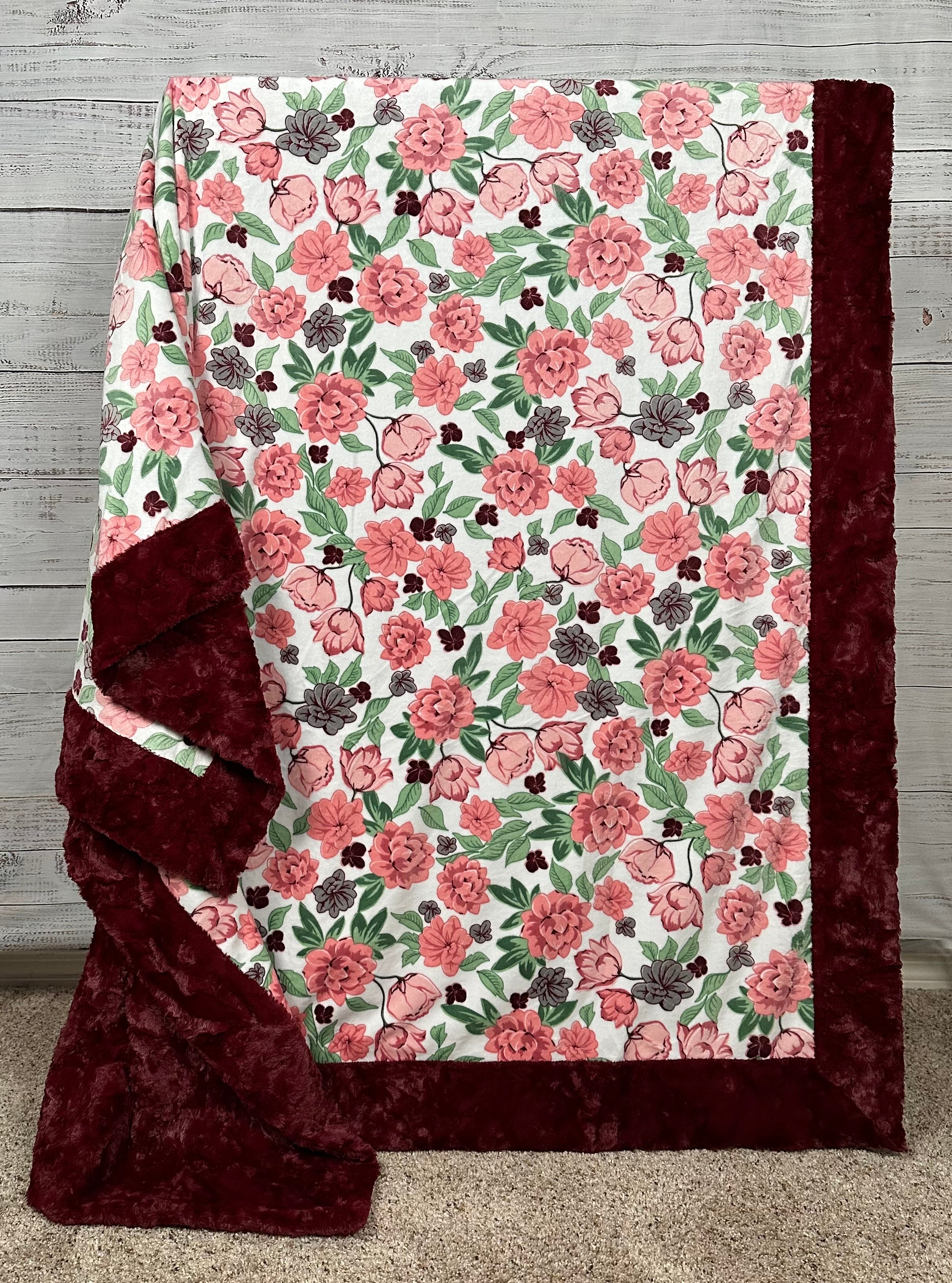 Luxury Coral Floral Print Marble Merlot Minky Blanket for Adults - 54x80 Inches, Soft & Cozy Throw Blanket for Bed, Sofa, and Home Decor
