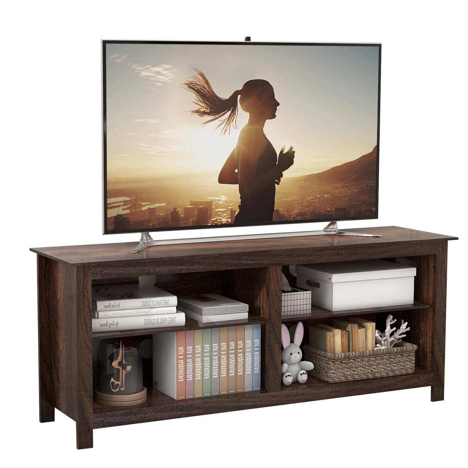 Modern Walnut TV Stand with 4 Open Shelves - 57 Inch TV Console Media Cabinet with Storage & Cable Management Holes - Perfect Entertainment Center for Living Room or Bedroom - Ideal for Organizing Gaming Consoles, Streaming Devices & Home Decor