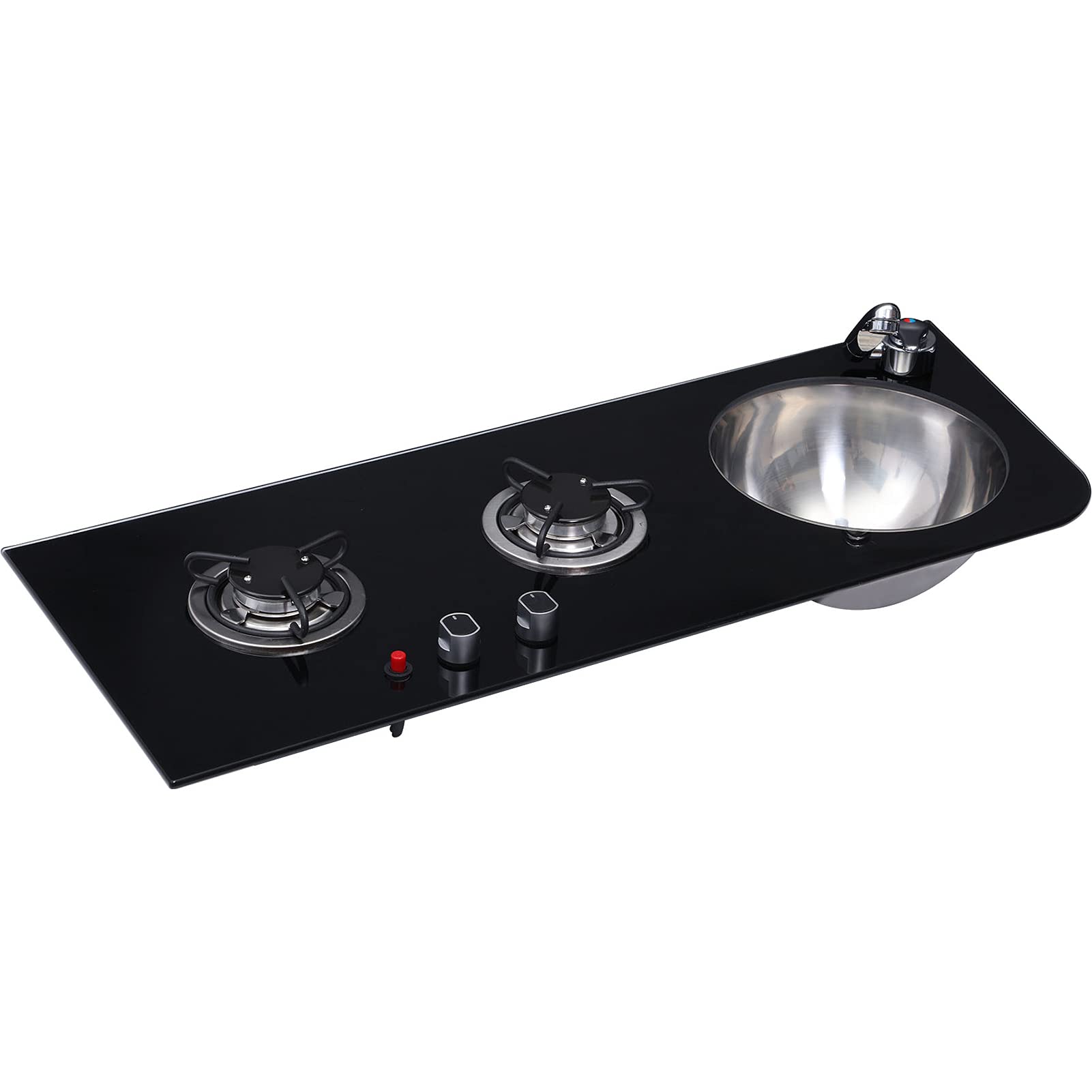 Portable 2 Burner LPG Gas Stove with Sink Combo - Black Tempered Glass Top for RV, Boat, Camper & Caravan (917x340x130mm) | Compact Outdoor Cooking Solution for Camping & Mobile Living