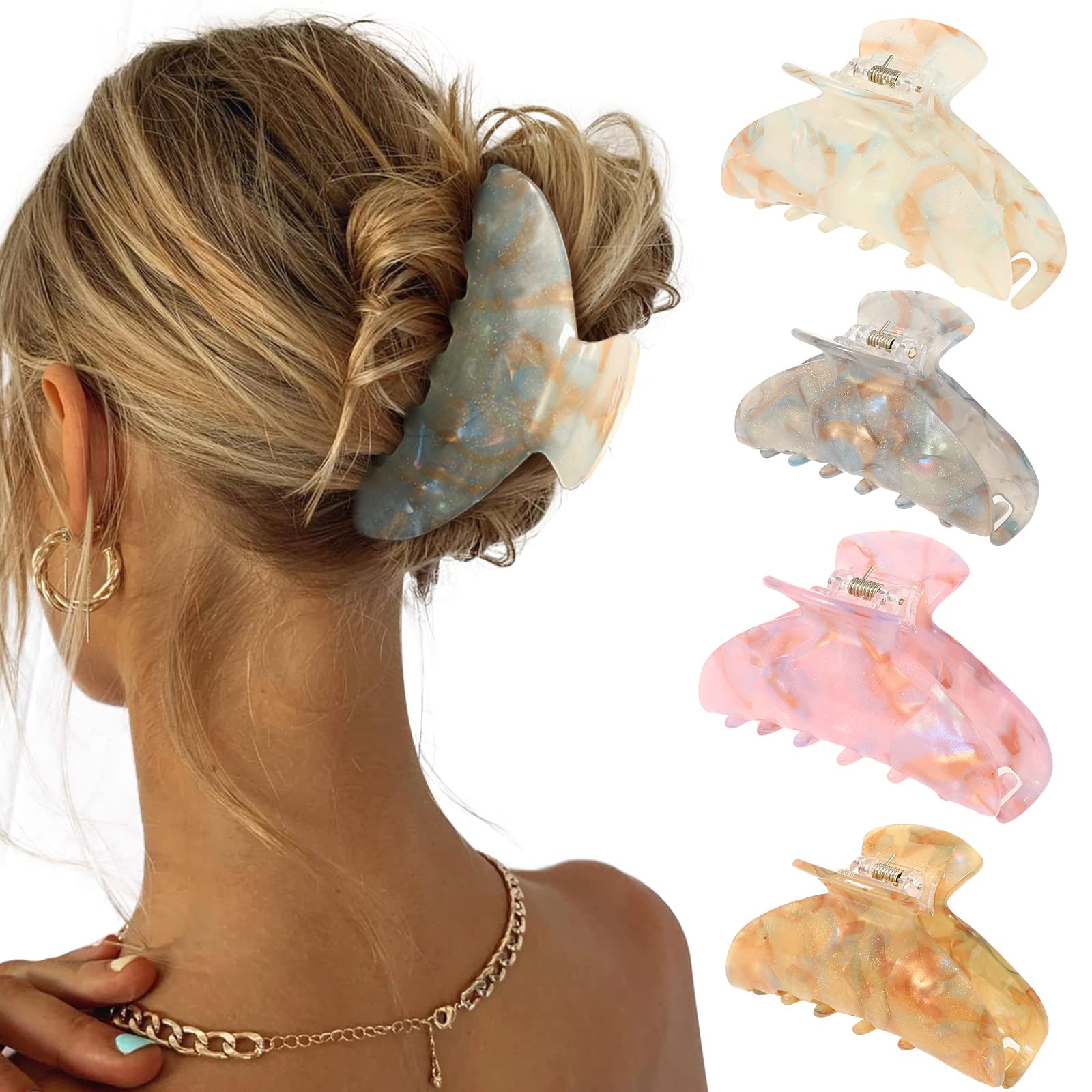4Pcs Large Acrylic Hair Claw Clips for Women - Strong Hold Hair Barrettes for Thick Hair (Gray/Champagne/Green/Pink) | Perfect for Updos, Ponytails & Everyday Hairstyles