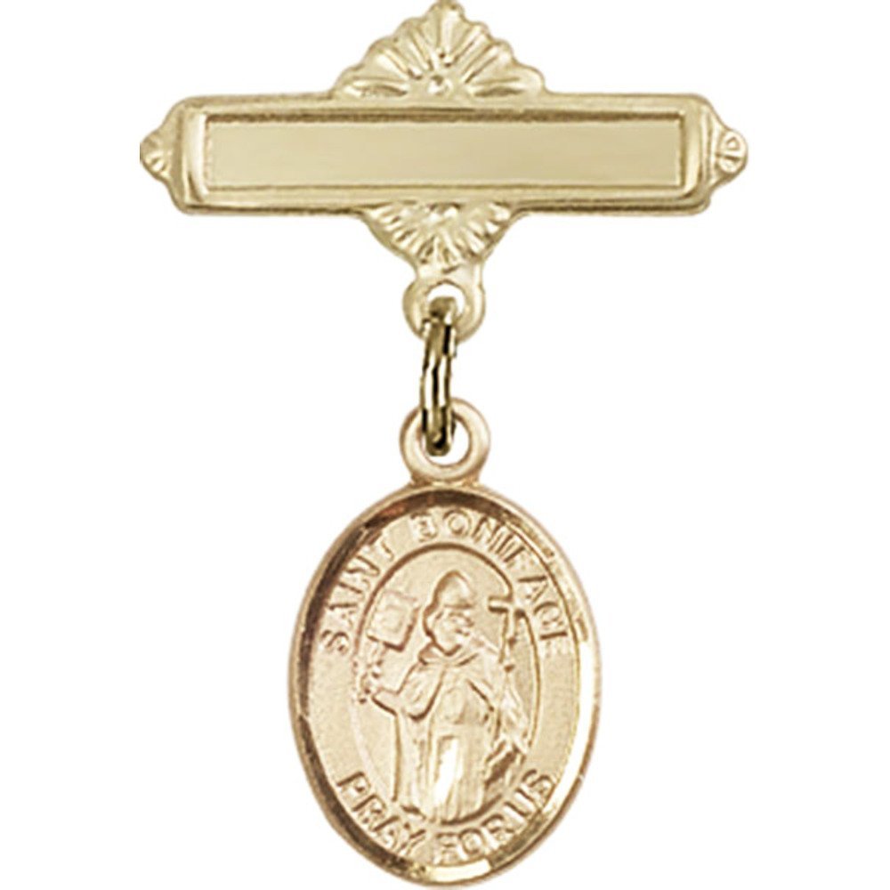 St. Boniface Gold Filled Baby Badge Charm - 1 X 5/8 Inch Polished Pin for Christening, Baptism & First Communion Gifts - Religious Jewelry for Newborns & Infants