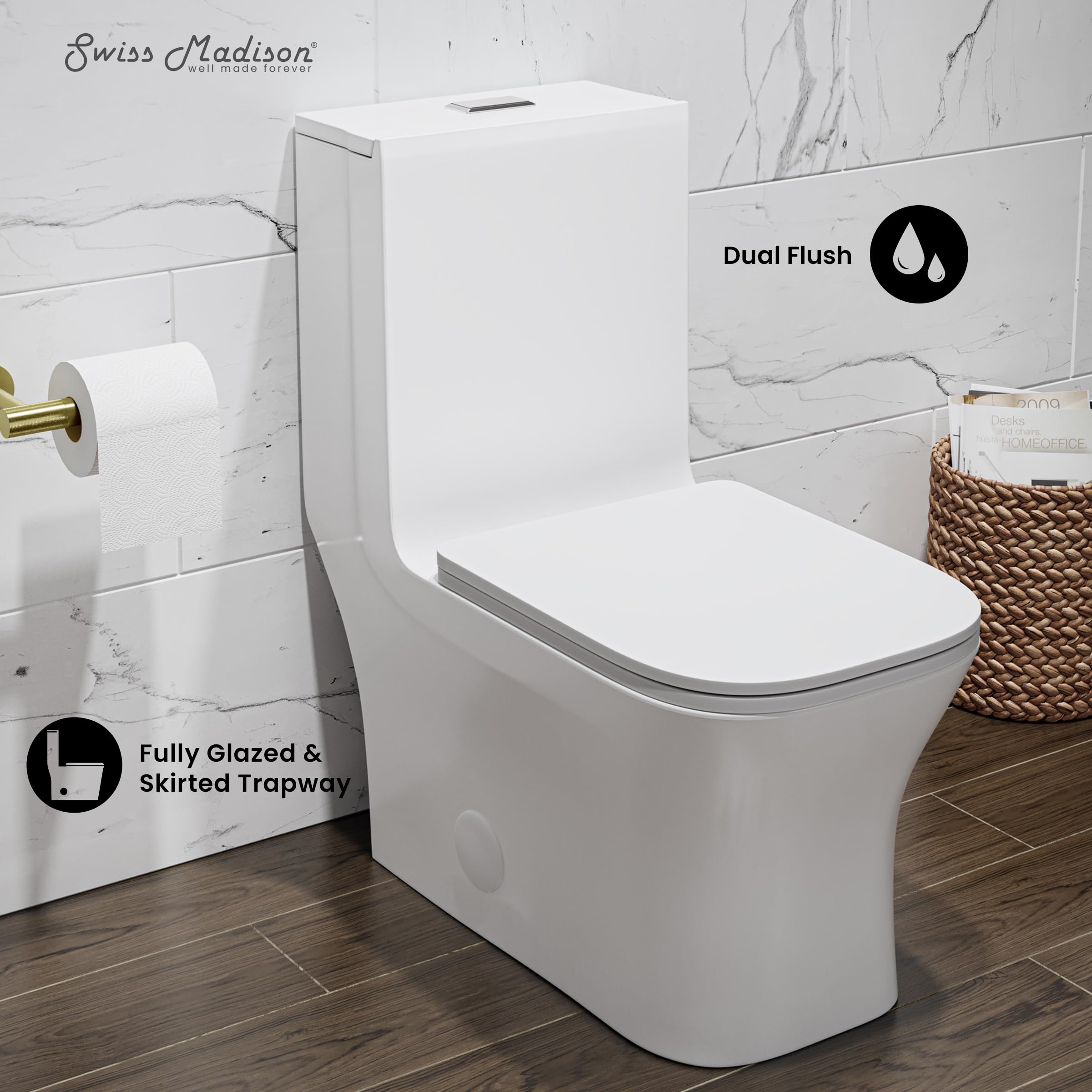 Concorde One Piece Square Toilet with Dual Flush 1.1/1.6 GPF - Modern Matte White Design for Bathroom & Powder Room Installation